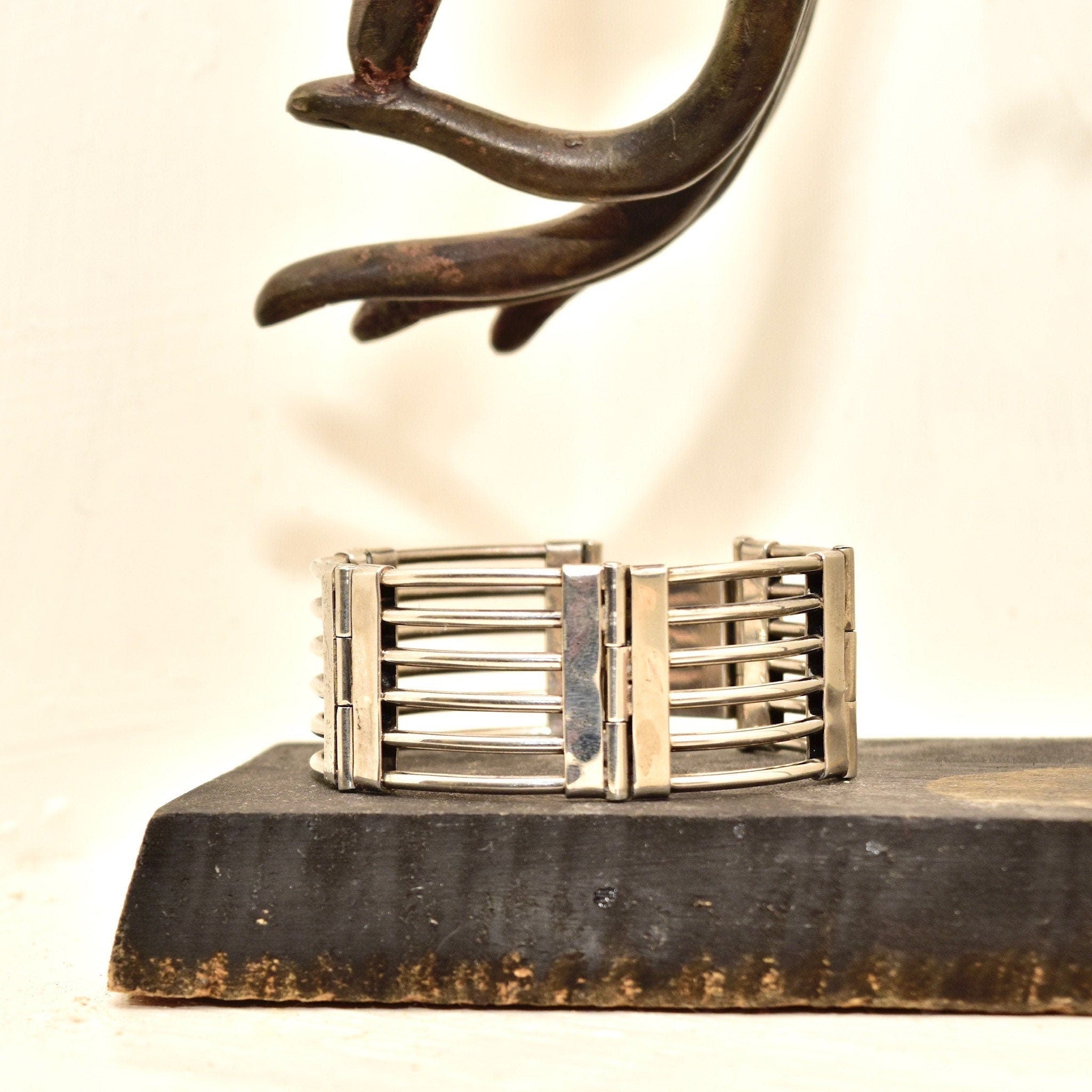 Modernist Sterling Silver Gate Link Bracelet, Wide Chunky 925 Cutout Panel Cuff, Taxco Jewelry, 7 3/4" L
