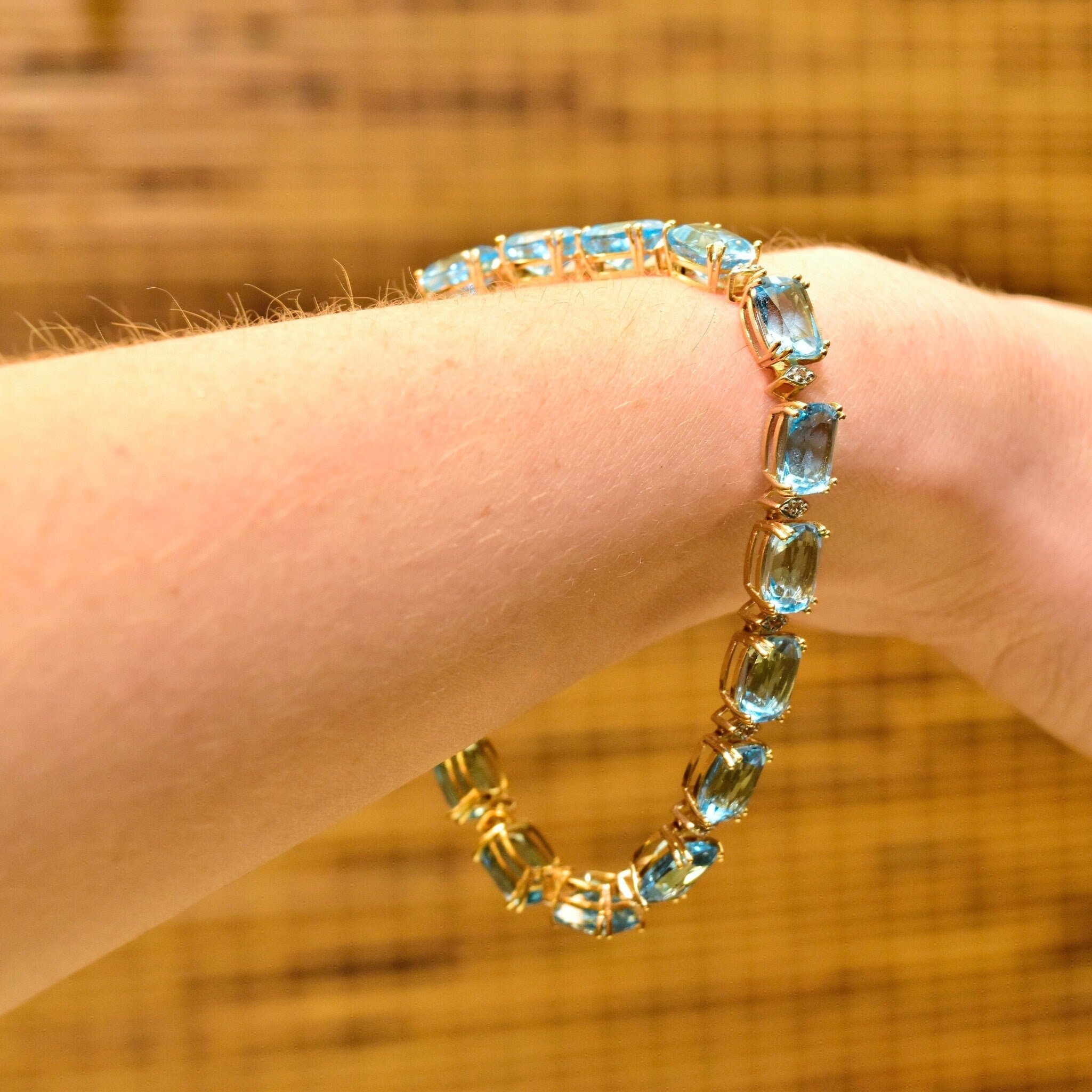 Vintage 14K Gold Blue Topaz Gemstone Link Bracelet, White Gold Diamond Accent Marquise Spacers, 585 Gemstone Tennis Bracelet, 7 3/4" L - Good's Vintage
