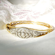 Edwardian Diamond Cluster Bangle Bracelet In 14K & Platinum, Ornate Two-Tone Closed Cuff Bracelet, 6 1/4" - Good's Vintage