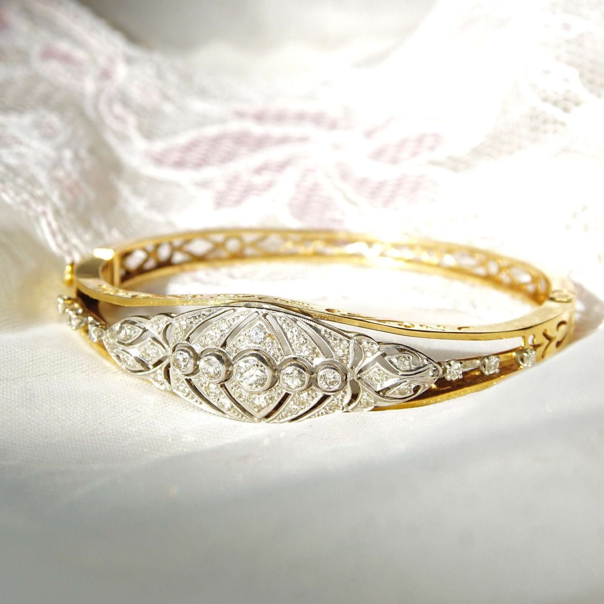 Edwardian Diamond Cluster Bangle Bracelet In 14K & Platinum, Ornate Two-Tone Closed Cuff Bracelet, 6 1/4" - Good's Vintage