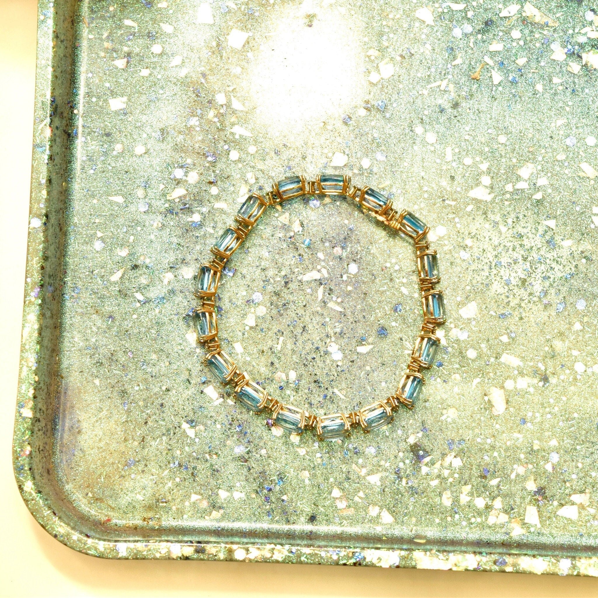 Vintage 14K Gold Blue Topaz Gemstone Link Bracelet, White Gold Diamond Accent Marquise Spacers, 585 Gemstone Tennis Bracelet, 7 3/4" L - Good's Vintage