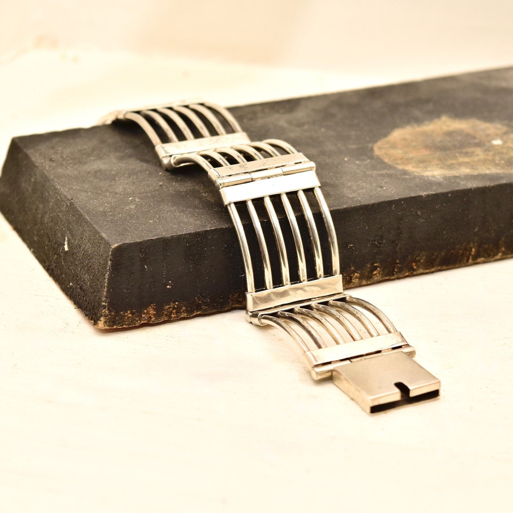 Modernist Sterling Silver Gate Link Bracelet, Wide Chunky 925 Cutout Panel Cuff, Taxco Jewelry, 7 3/4" L