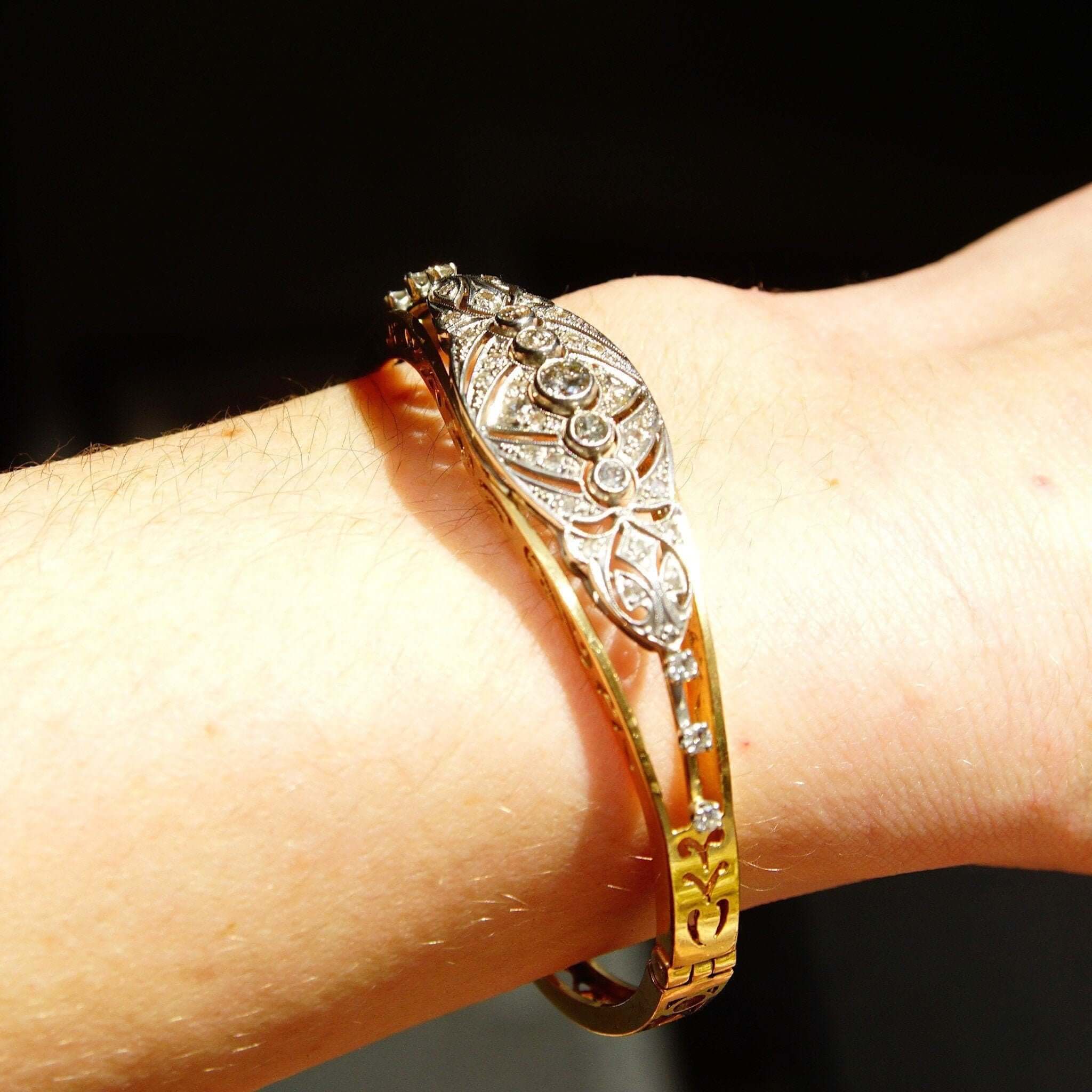 Edwardian Diamond Cluster Bangle Bracelet In 14K & Platinum, Ornate Two-Tone Closed Cuff Bracelet, 6 1/4" - Good's Vintage