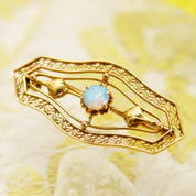 Antique 14K Opal Filigree Bar Pin, Ladies Yellow Gold Brooch, Floral Motifs, Open Work Designs, Art Nouveau, 40mm - Good's Vintage