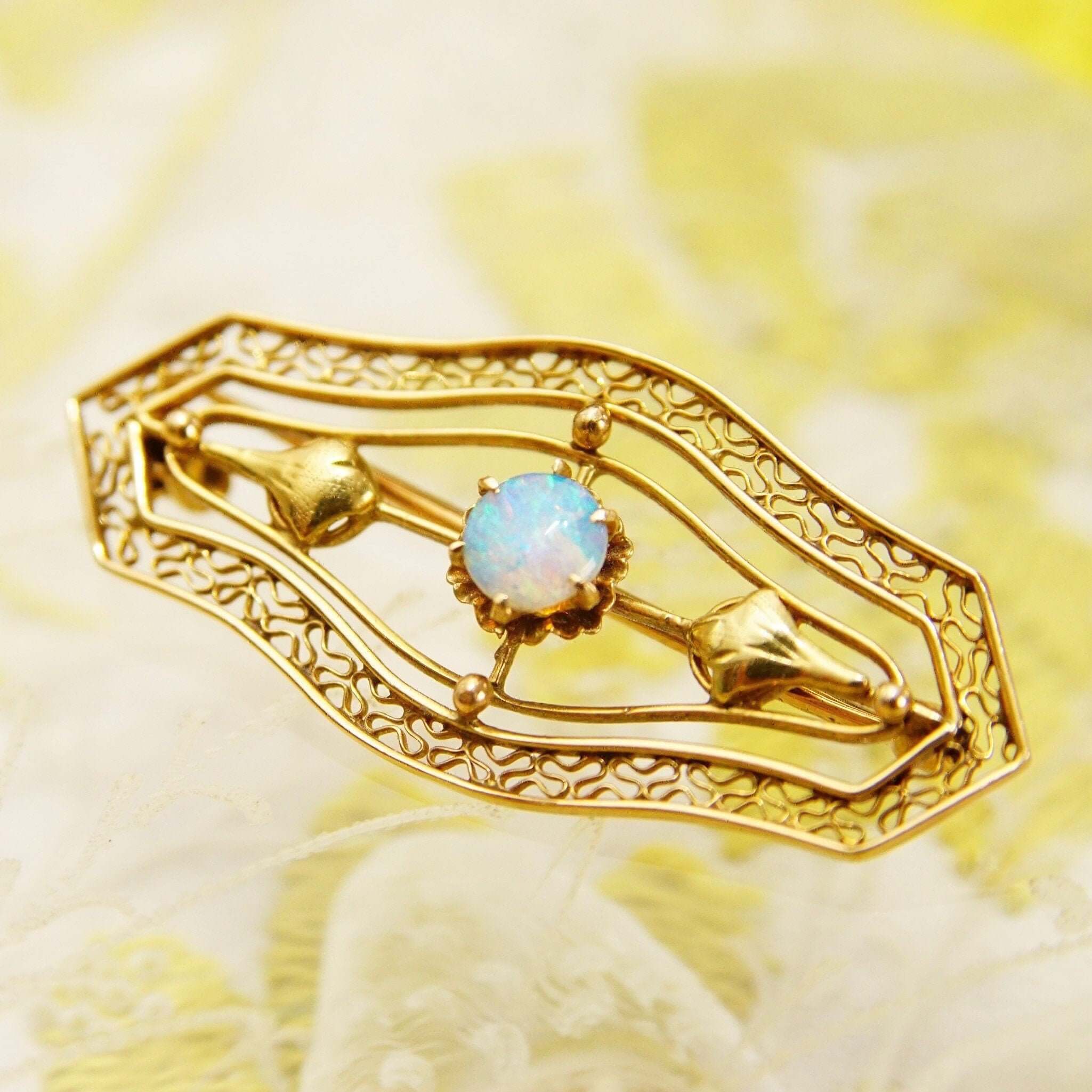 Antique 14K Opal Filigree Bar Pin, Ladies Yellow Gold Brooch, Floral Motifs, Open Work Designs, Art Nouveau, 40mm - Good's Vintage