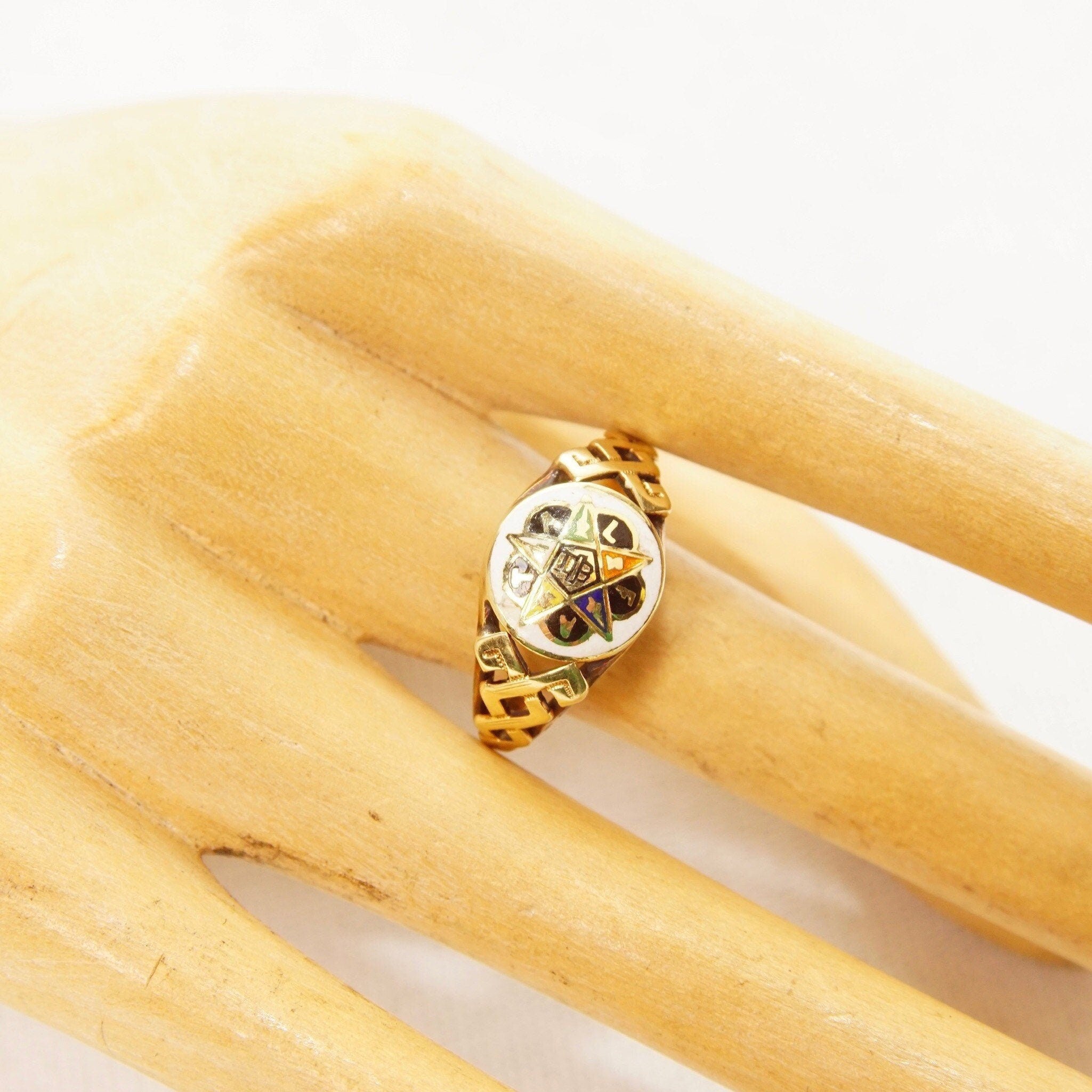 14K Enamel Order Of The Eastern Star Ring In Yellow Gold, F.A.T.A.L Women's Masonic Ring, Size 5 1/4 US