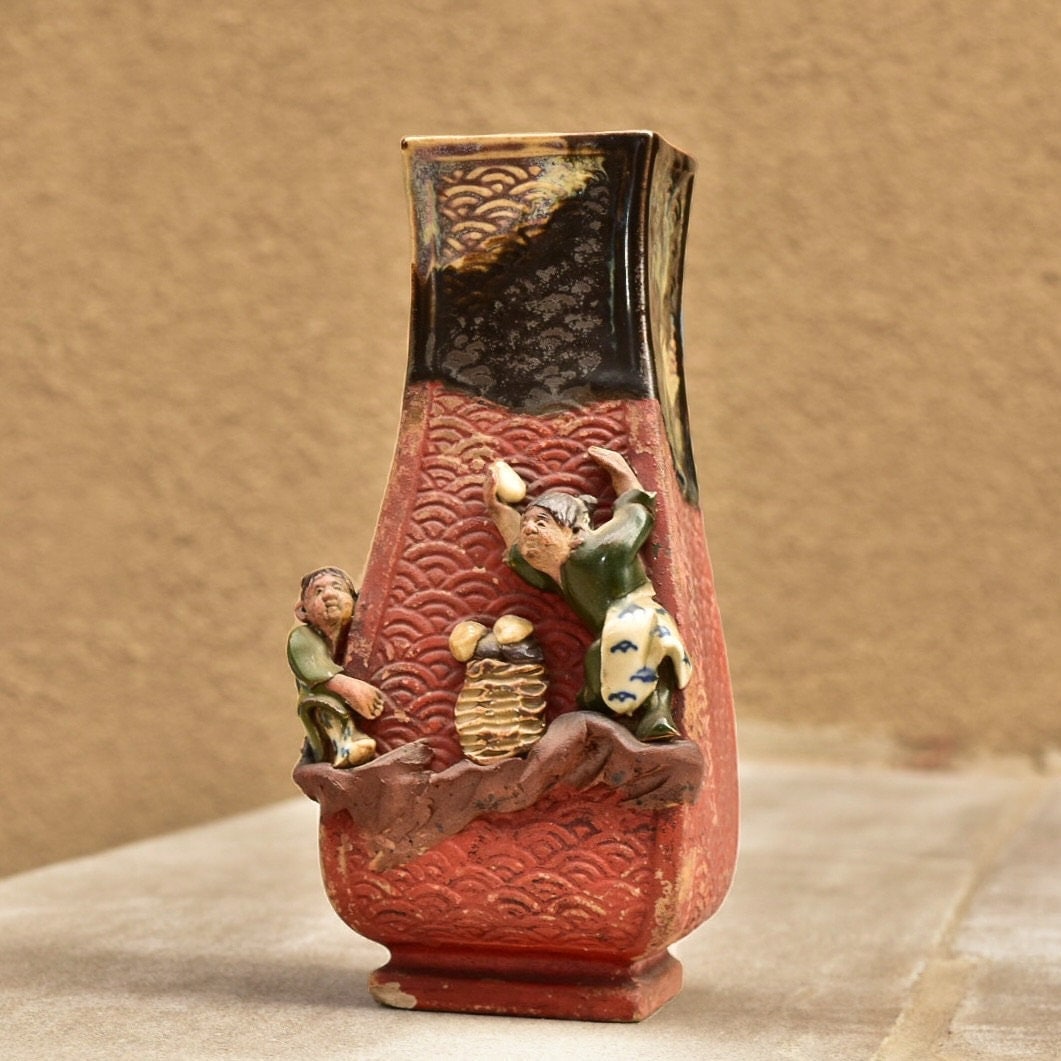 Sumida Gawa Japanese Pottery, Asakusa Pottery, Antique Hand-Carved Fish Scale, Glazed Ceramic Figural Vase, Mushroom Foraging Scene, 8.25" - Good's Vintage
