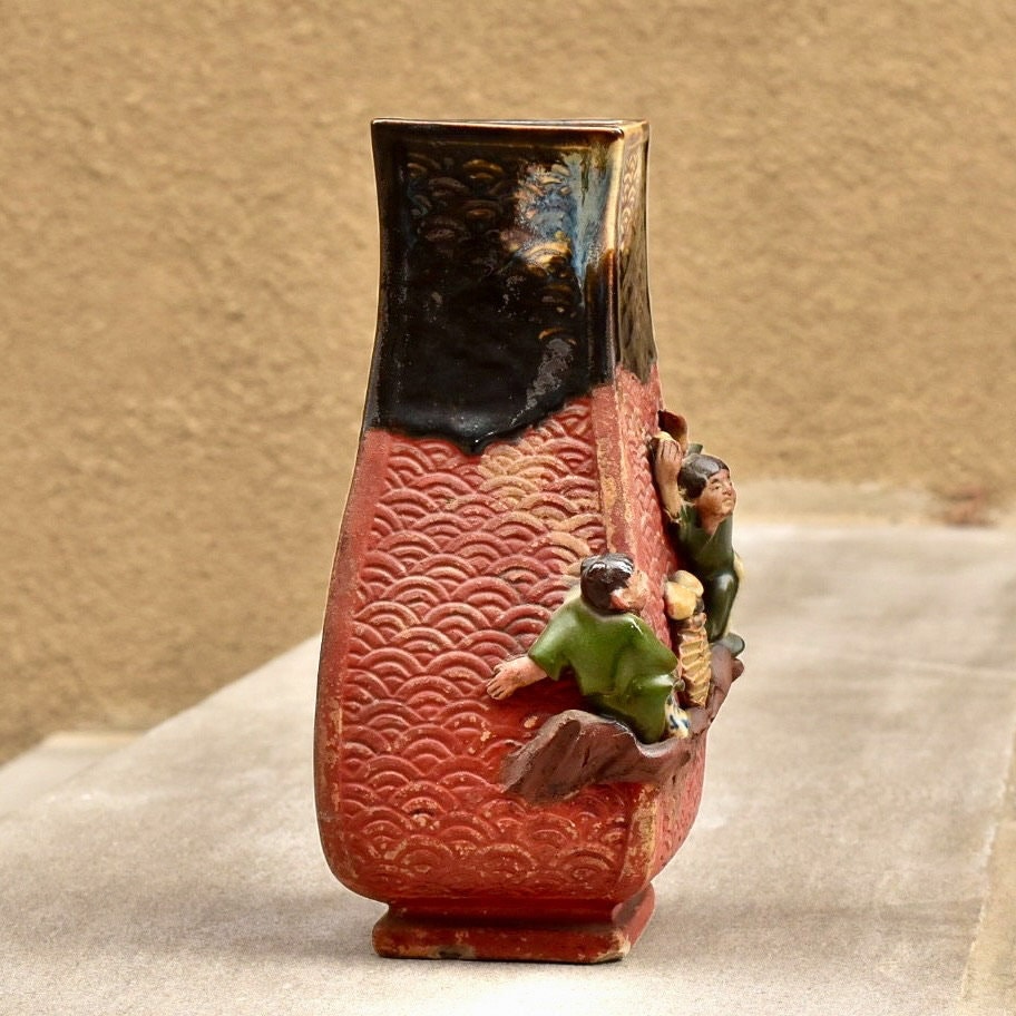 Sumida Gawa Japanese Pottery, Asakusa Pottery, Antique Hand-Carved Fish Scale, Glazed Ceramic Figural Vase, Mushroom Foraging Scene, 8.25" - Good's Vintage