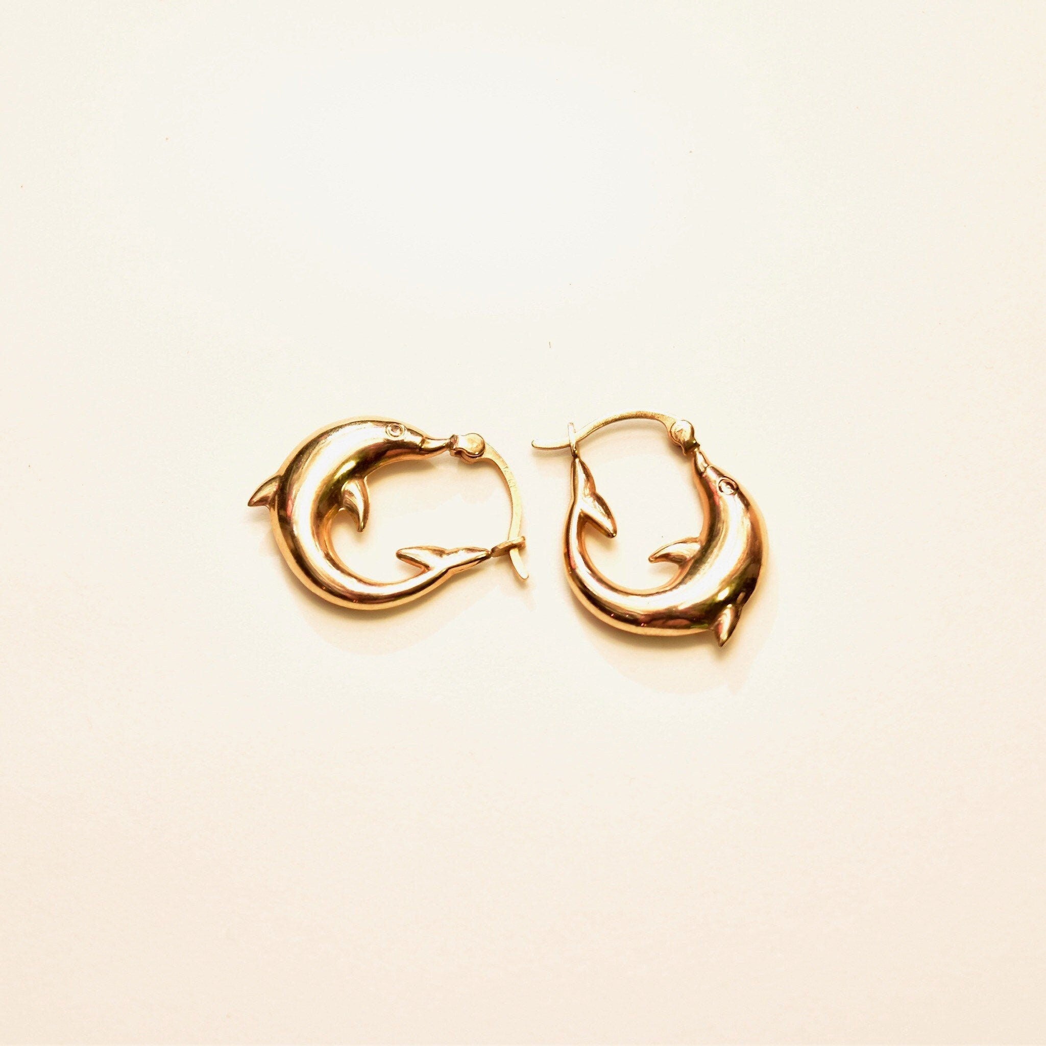 14K Yellow Gold Dolphin Hoop Earrings, Small Cute Mini Oval Hoops 21mm