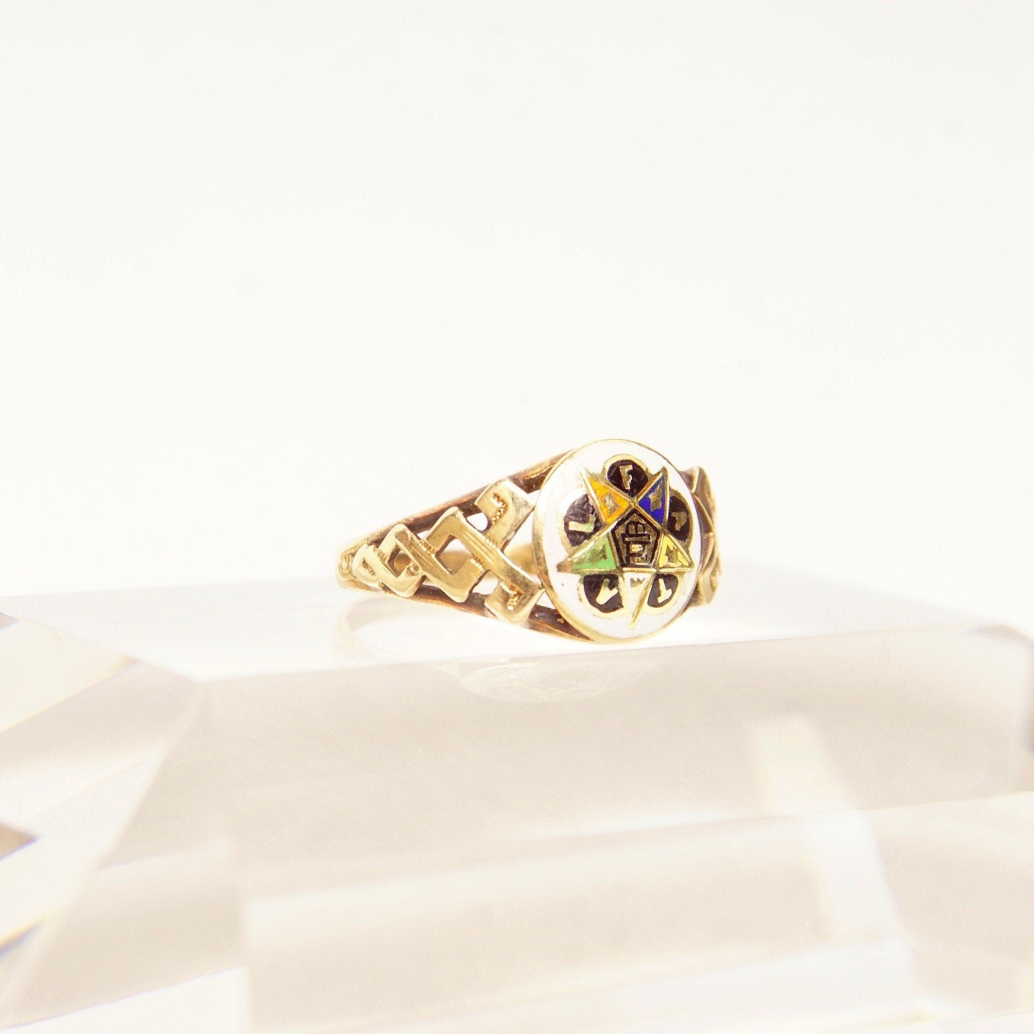 14K Enamel Order Of The Eastern Star Ring In Yellow Gold, F.A.T.A.L Women's Masonic Ring, Size 5 1/4 US