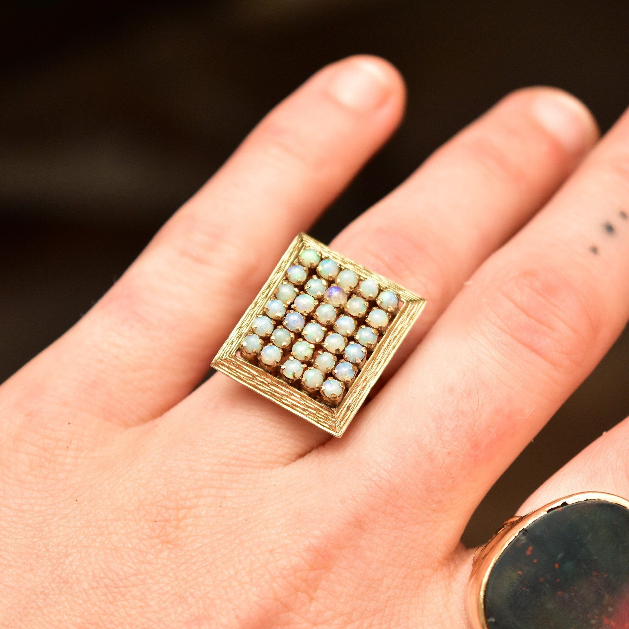 14K Opal Cluster Grid Ring, 30 Natural Opal Cabochons, Yellow Gold Cocktail Ring, 8 US