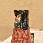 Sumida Gawa Japanese Pottery, Asakusa Pottery, Antique Hand-Carved Fish Scale, Glazed Ceramic Figural Vase, Mushroom Foraging Scene, 8.25" - Good's Vintage