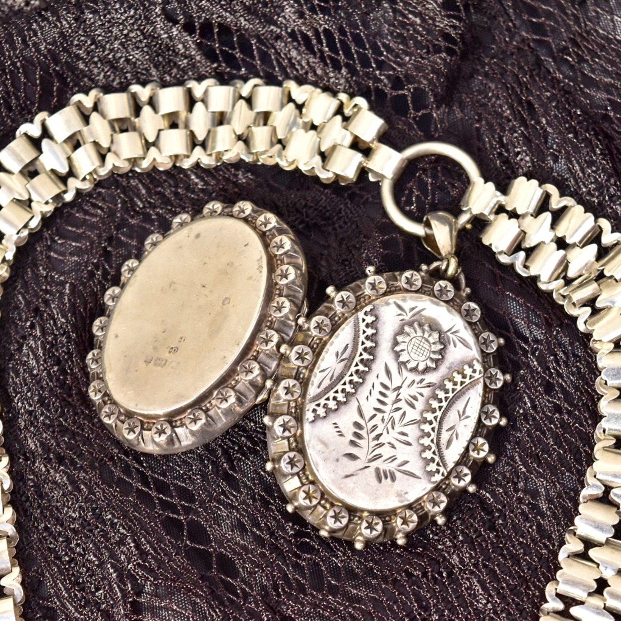 Victorian Sterling Silver Locket Book Chain Collar, Hand-Engraved, Floral Motifs, Birmingham Hallmark, 20" L - Good's Vintage
