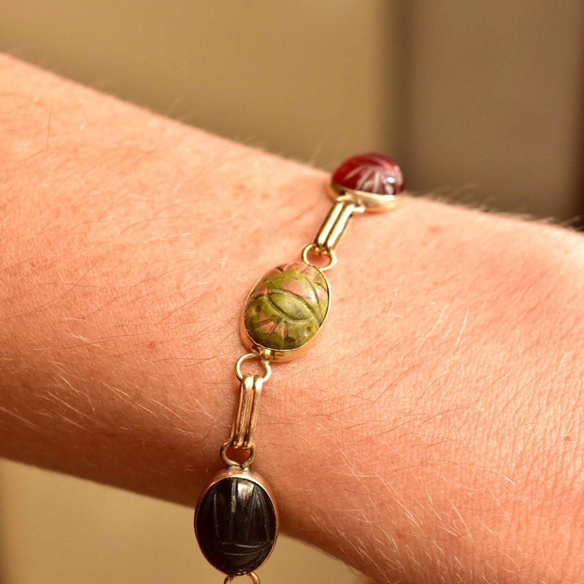 14K Scarab Bracelet with Carved Natural Gemstones