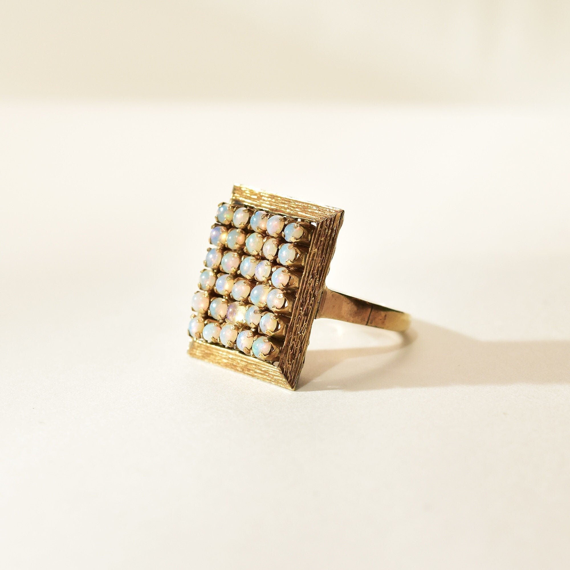 14K Opal Cluster Grid Ring, 30 Natural Opal Cabochons, Yellow Gold Cocktail Ring, 8 US