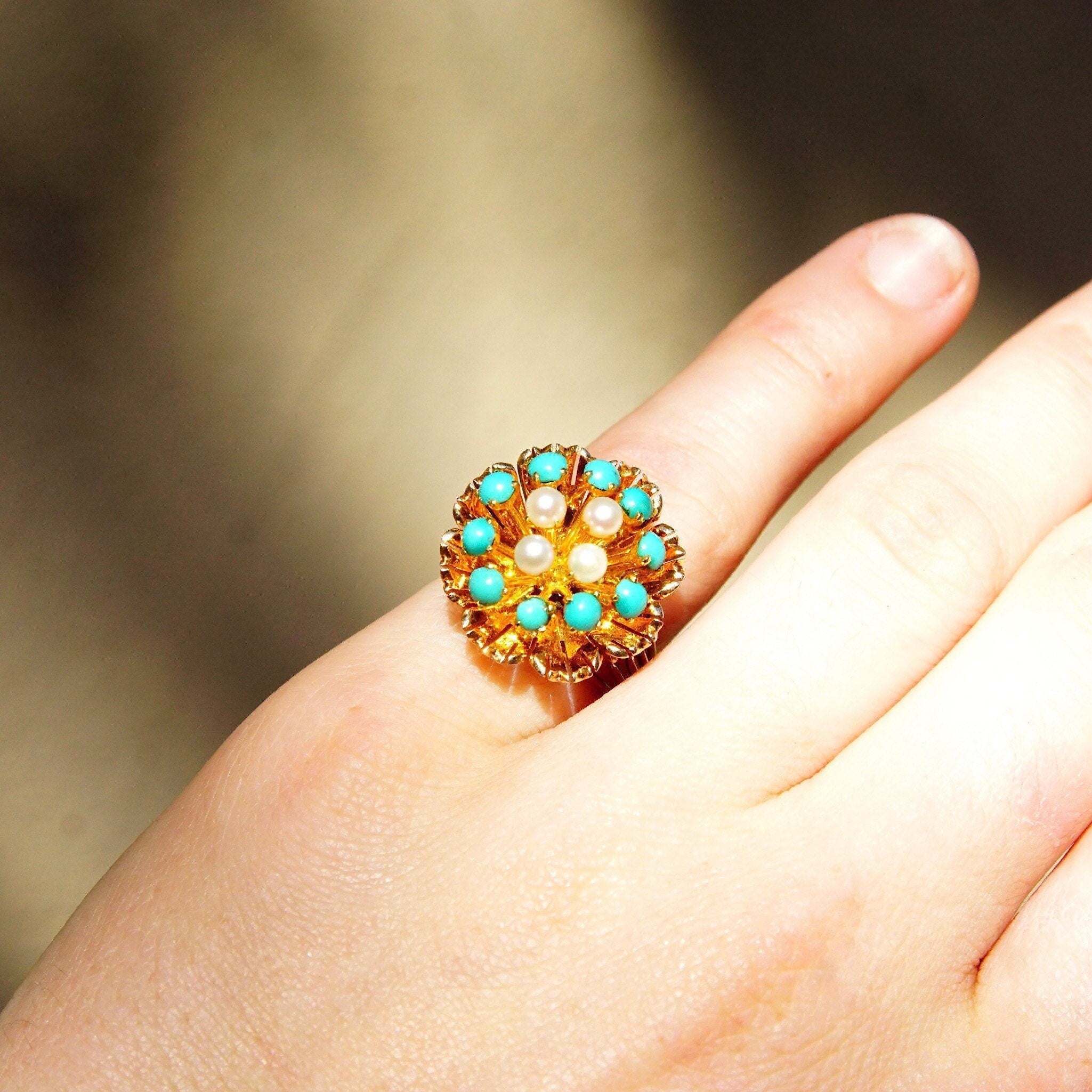14K Turquoise Seed Pearl Bombe Ring, Gemstone Flower Cluster Cocktail Ring, Size 6 3/4 US