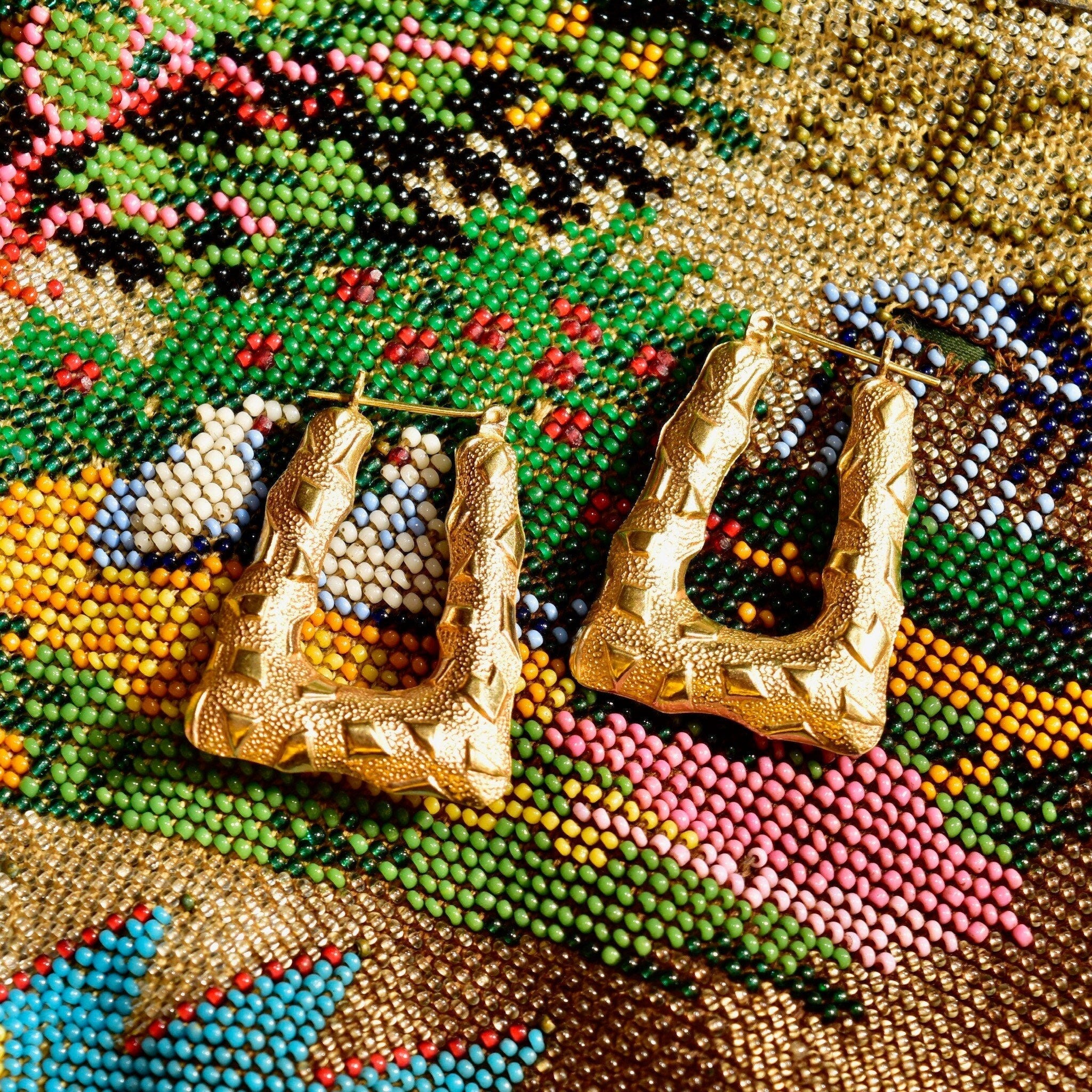 14K Rectangle Hoops W/ Textured Pattern Design, Thick Gold Hoops, Stylish Earrings, 1 3/8 L
