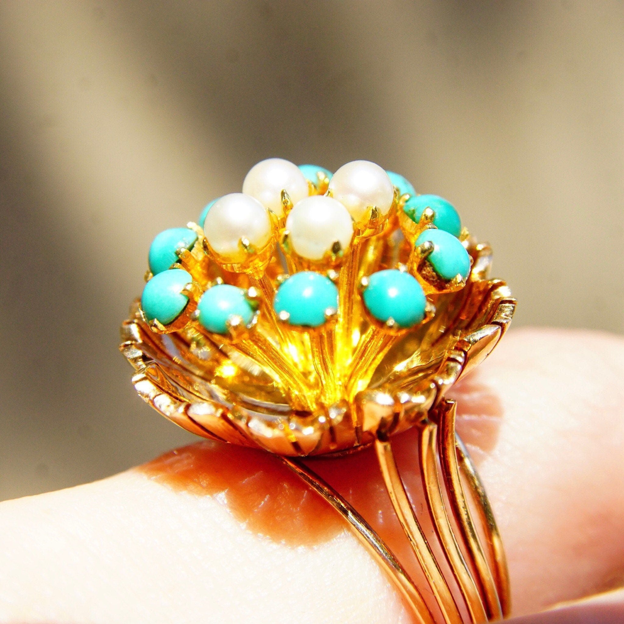 14K Turquoise Seed Pearl Bombe Ring, Gemstone Flower Cluster Cocktail Ring, Size 6 3/4 US