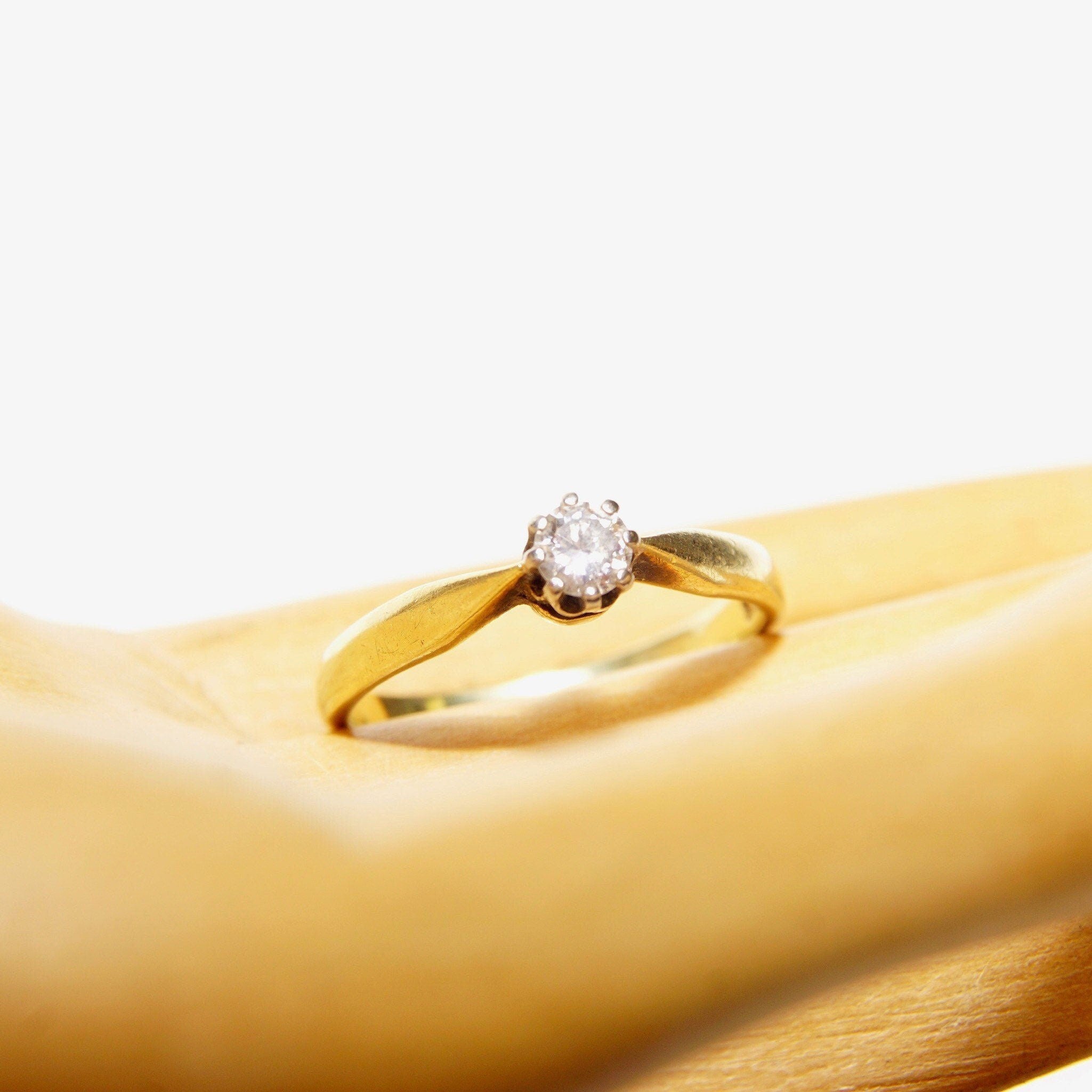 14K Brilliant Diamond Solitaire Ring, Pinched Yellow Gold Shank, .25 CT Diamond Engagement Ring, Size 6 1/4 US