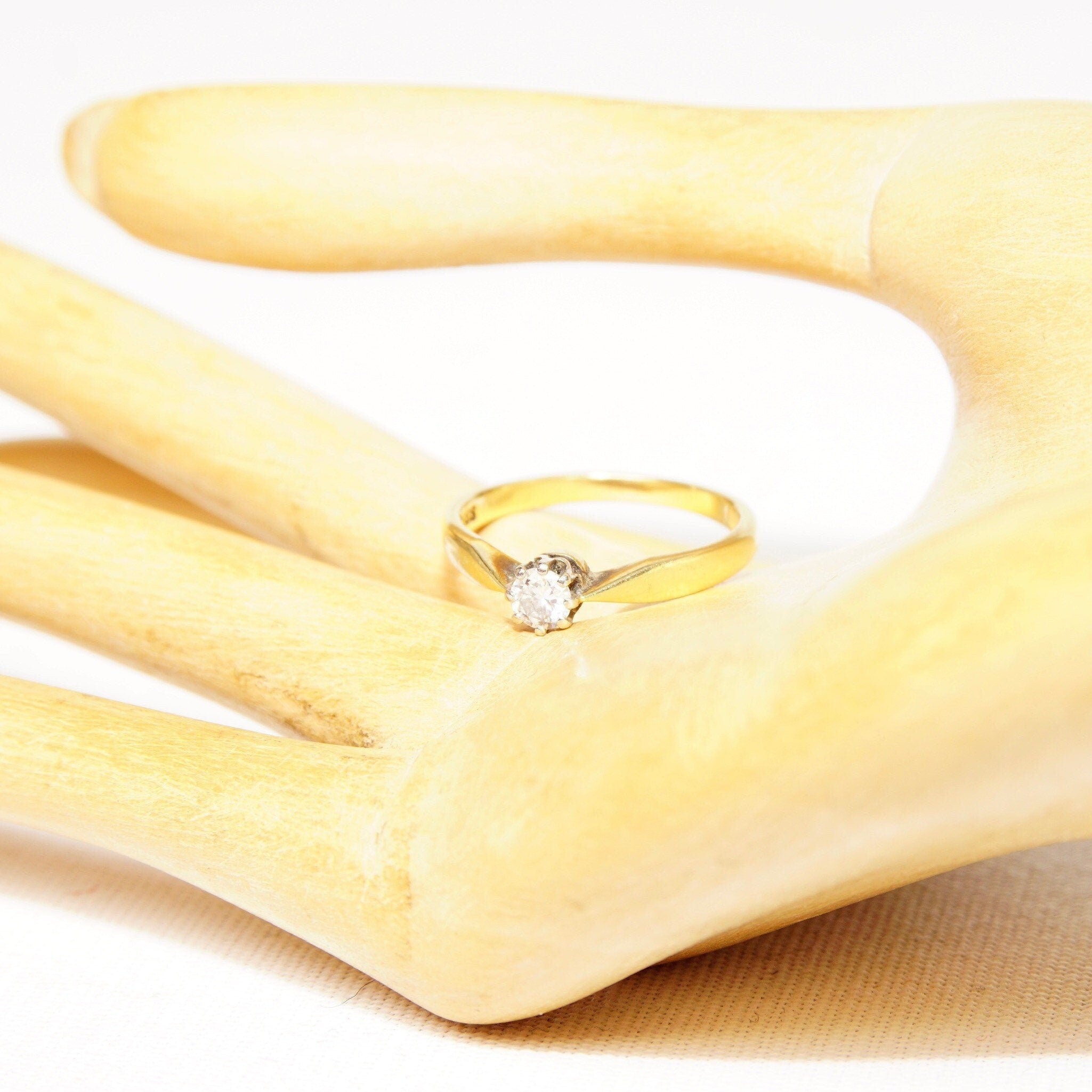 14K Brilliant Diamond Solitaire Ring, Pinched Yellow Gold Shank, .25 CT Diamond Engagement Ring, Size 6 1/4 US
