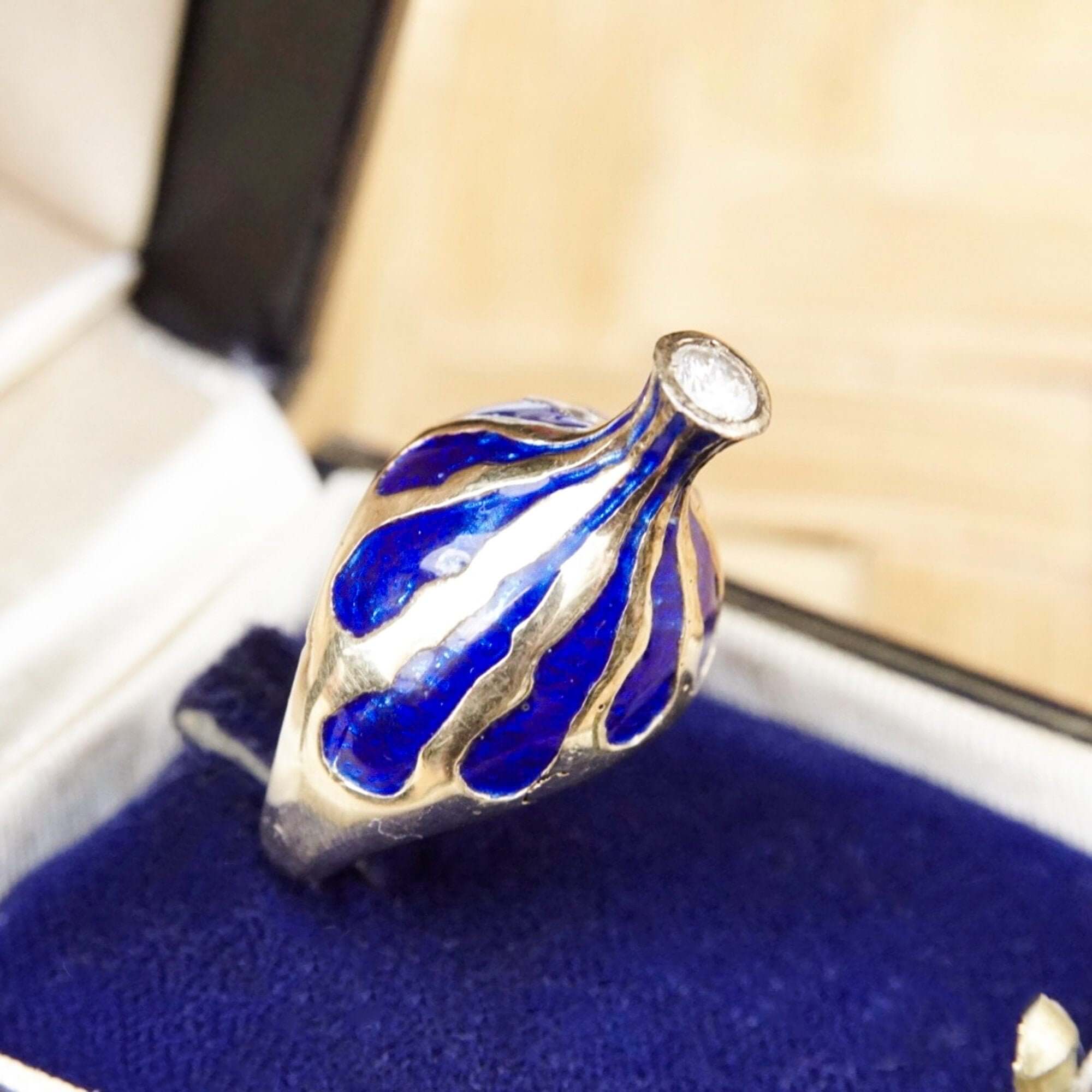 Cobalt Blue Enamel Diamond Dome Ring In 14K Yellow Gold, Estate Diamond Solitaire Ring, One Of A Kind, 5 1/2 US - Good's Vintage