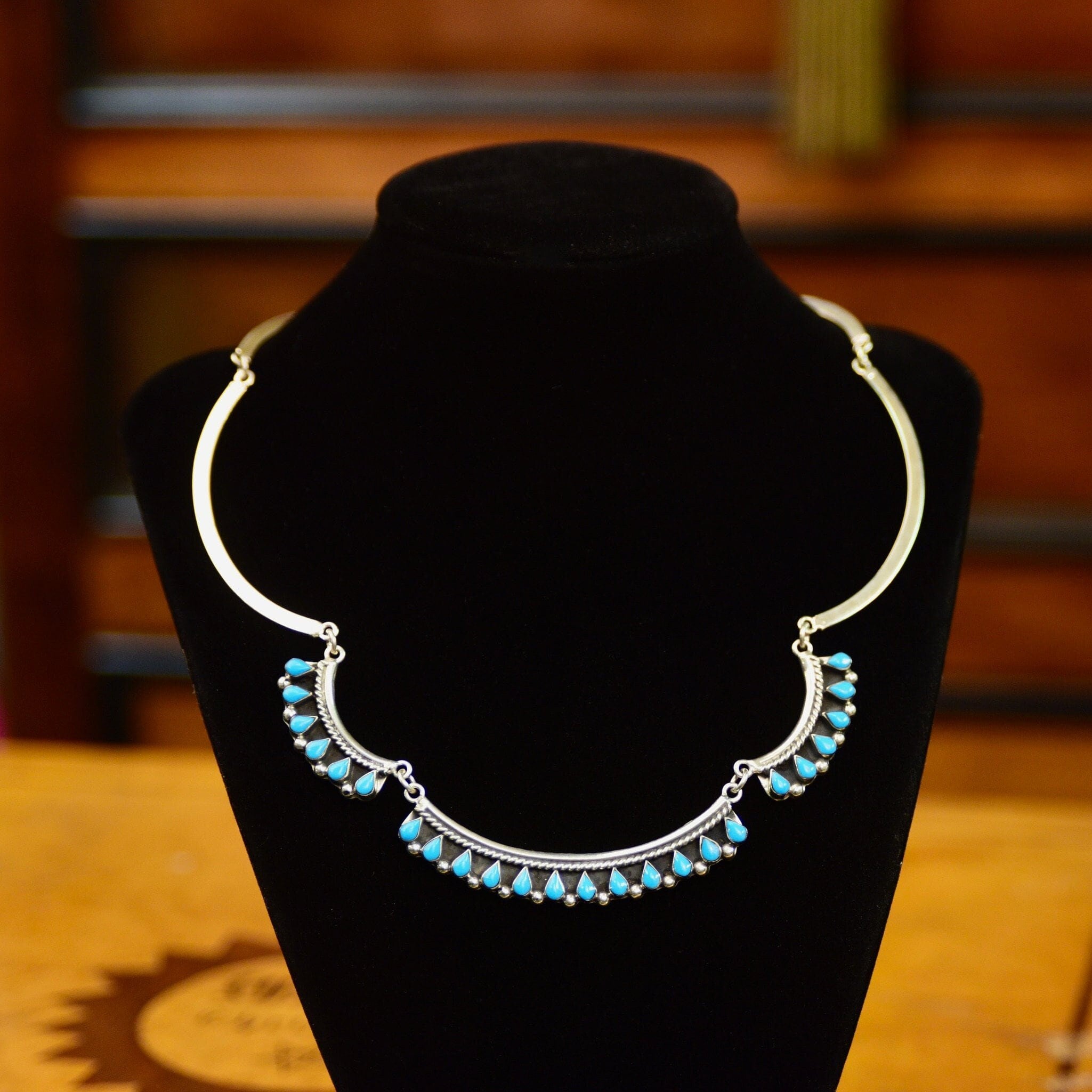 Vintage MEX 925 Sterling Silver Turquoise Teardrop Festoon Necklace, TAXCO Jewelry, Bohemian Silver Link Turquoise Bib Necklace, 16 1/2"