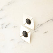 Vintage Modernist Sterling Silver Black Onyx Stud Earrings, Sleek Polished Triangle Slice Earrings, Bezel Set Onyx Cabochons, 925 Earrings