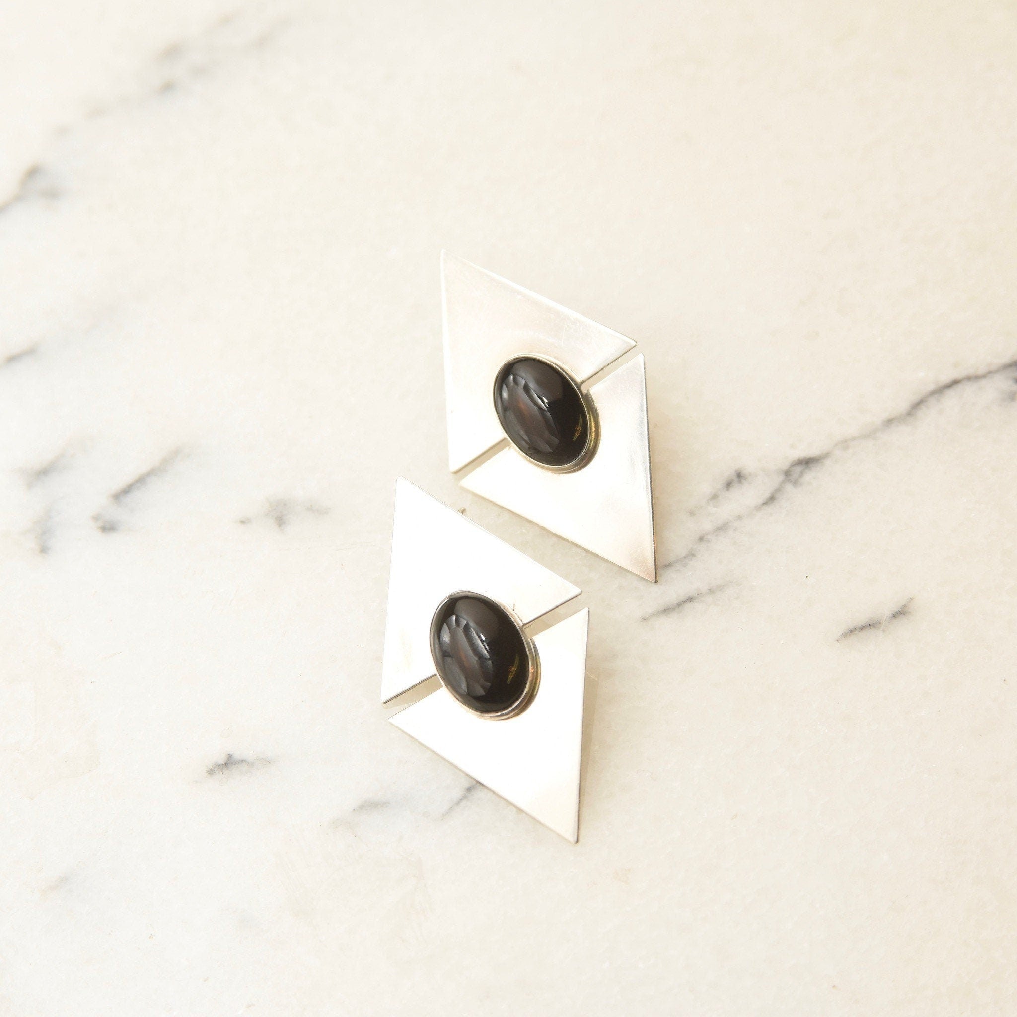 Vintage Modernist Sterling Silver Black Onyx Stud Earrings, Sleek Polished Triangle Slice Earrings, Bezel Set Onyx Cabochons, 925 Earrings