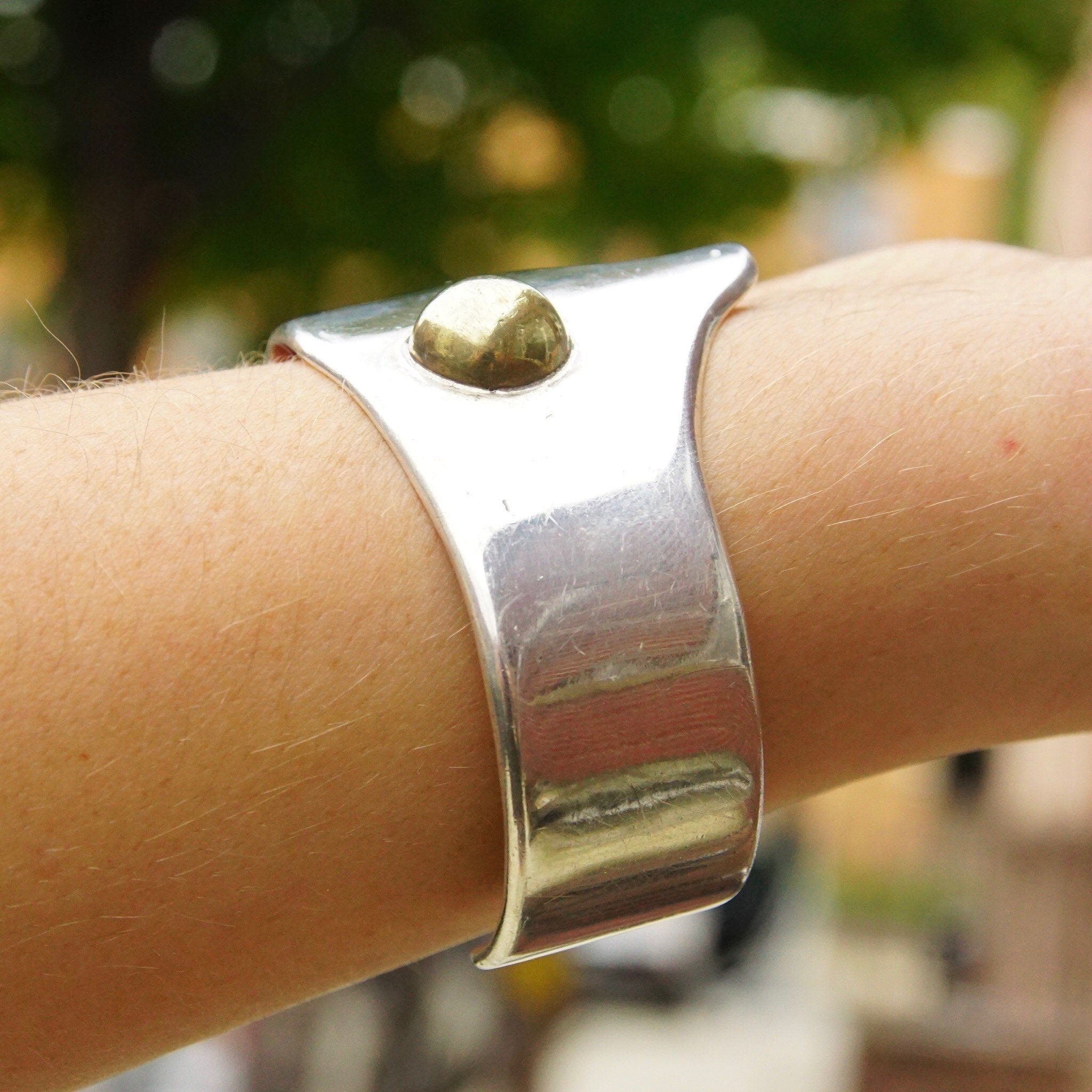 Vintage TAXCO Abstract Modernist Two-Tone Sterling Silver Cuff Bracelet, Heavy Silver Cuff With Gold Dome Embellishment, Mexico, 5 3/8" L