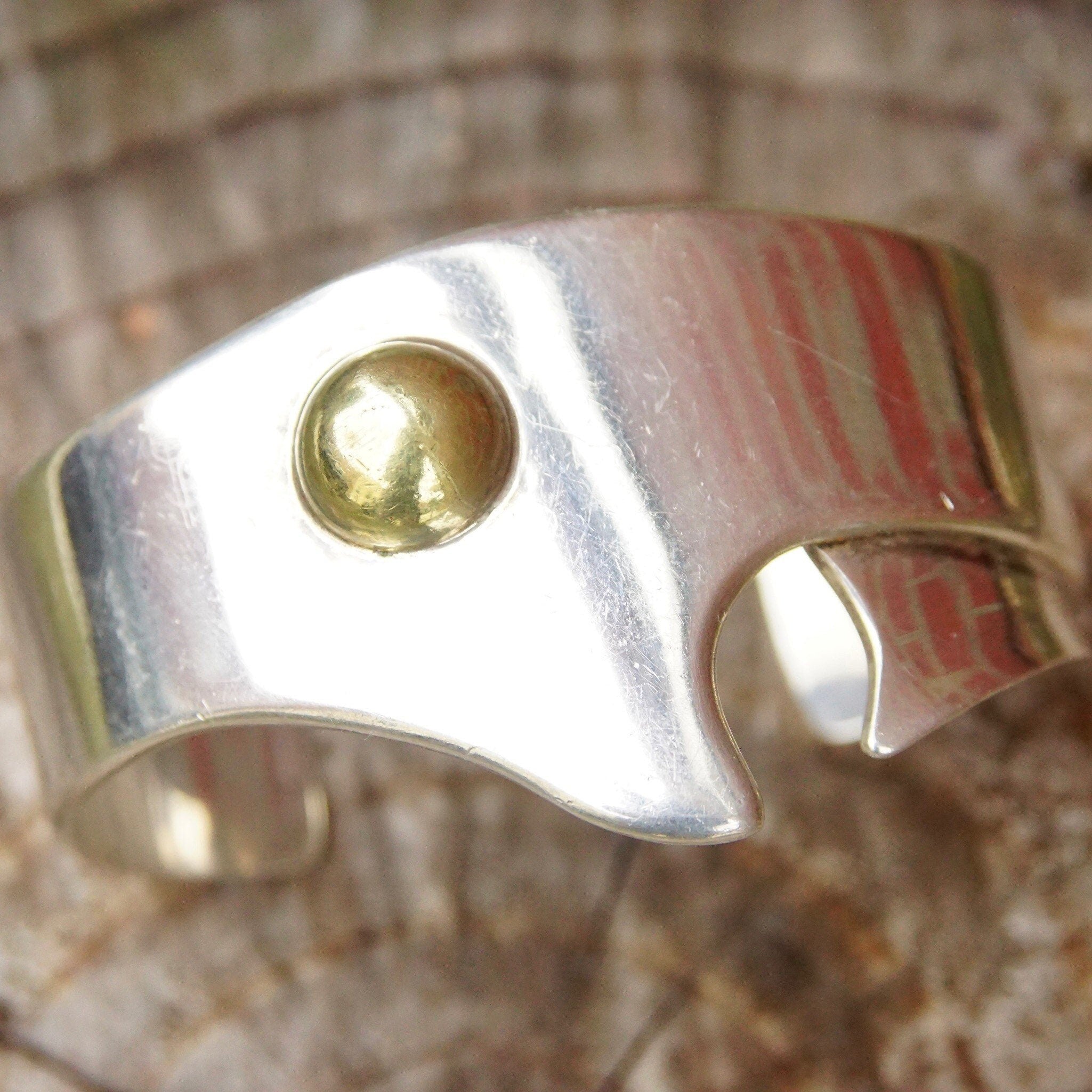 Vintage TAXCO Abstract Modernist Two-Tone Sterling Silver Cuff Bracelet, Heavy Silver Cuff With Gold Dome Embellishment, Mexico, 5 3/8" L