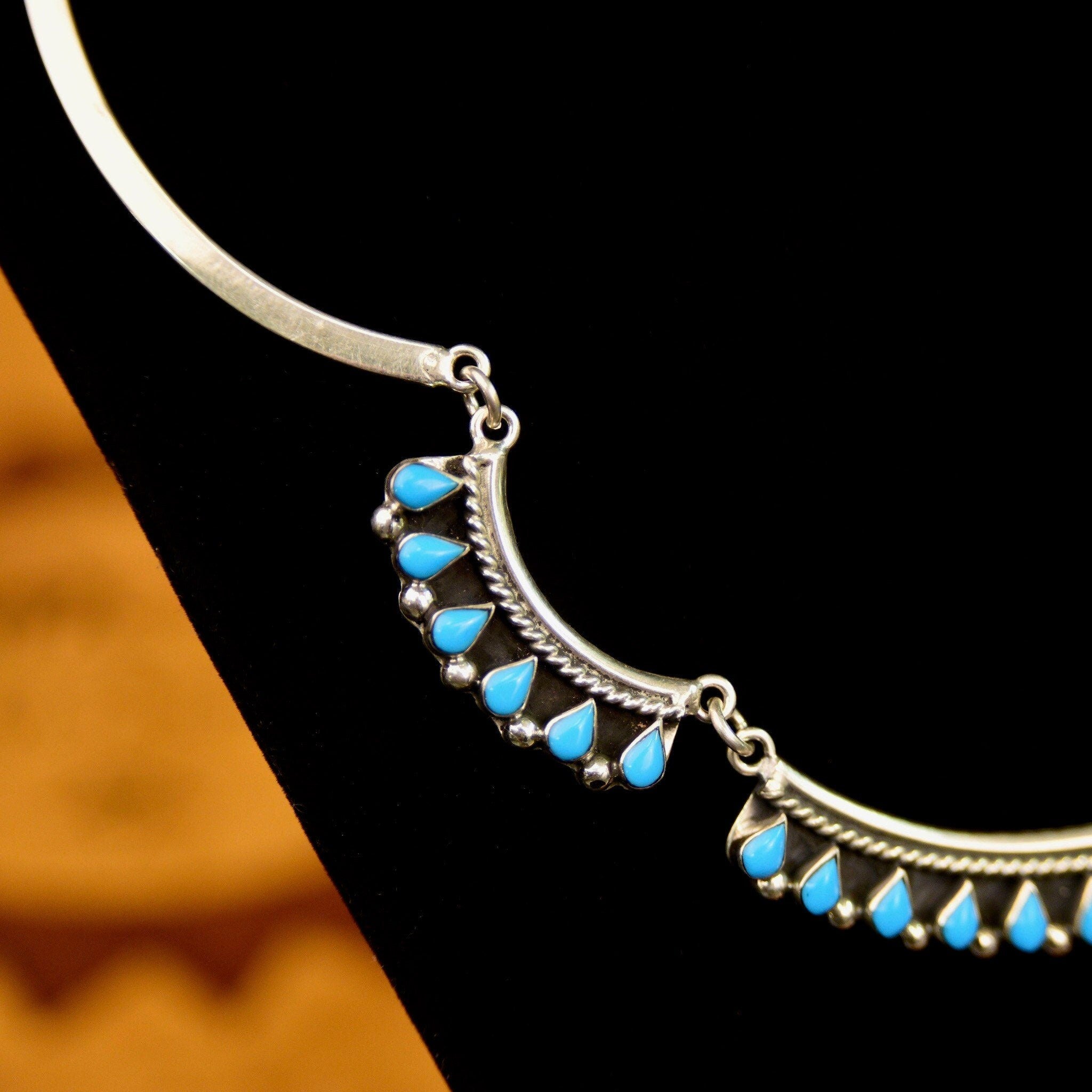 Vintage MEX 925 Sterling Silver Turquoise Teardrop Festoon Necklace, TAXCO Jewelry, Bohemian Silver Link Turquoise Bib Necklace, 16 1/2"