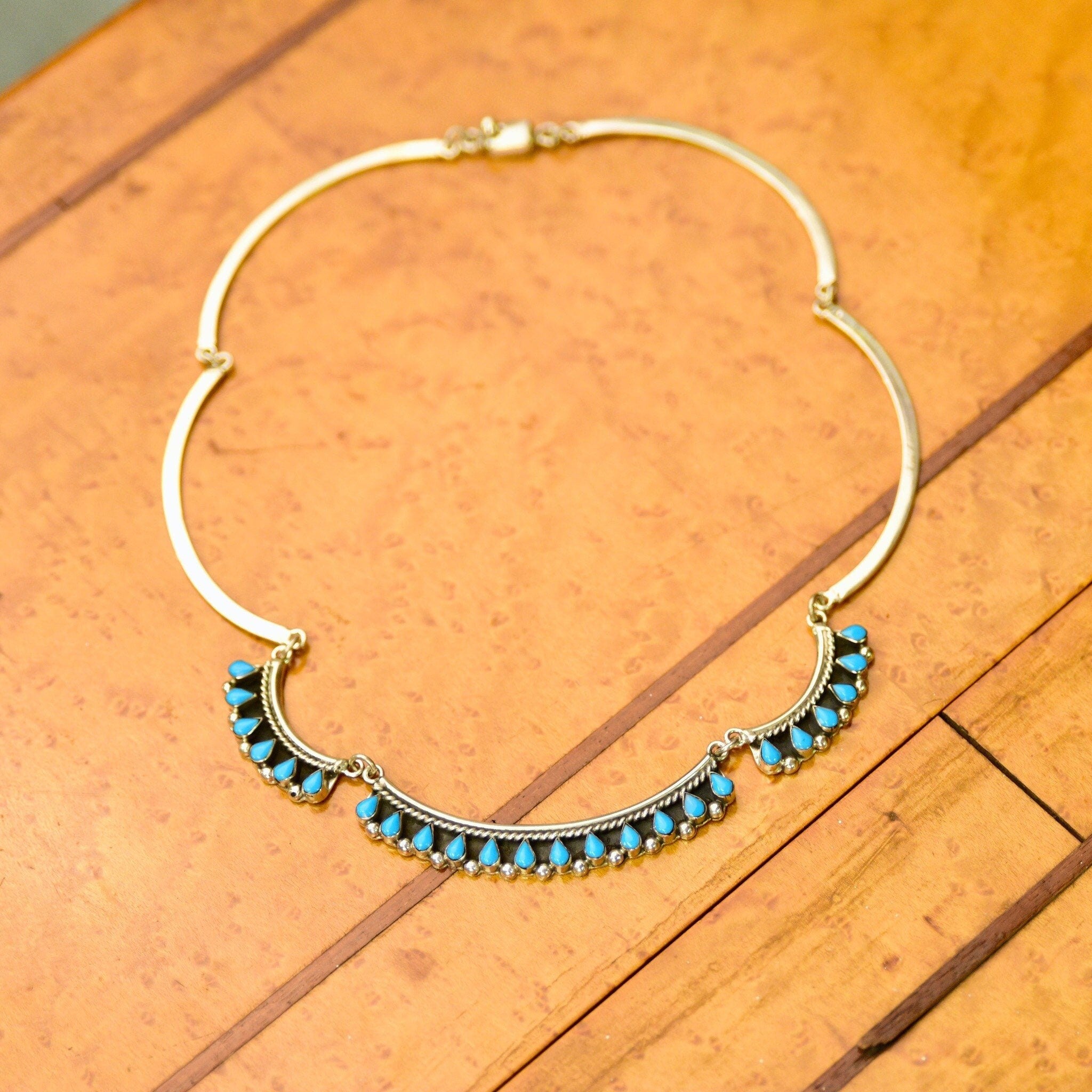 Vintage MEX 925 Sterling Silver Turquoise Teardrop Festoon Necklace, TAXCO Jewelry, Bohemian Silver Link Turquoise Bib Necklace, 16 1/2"