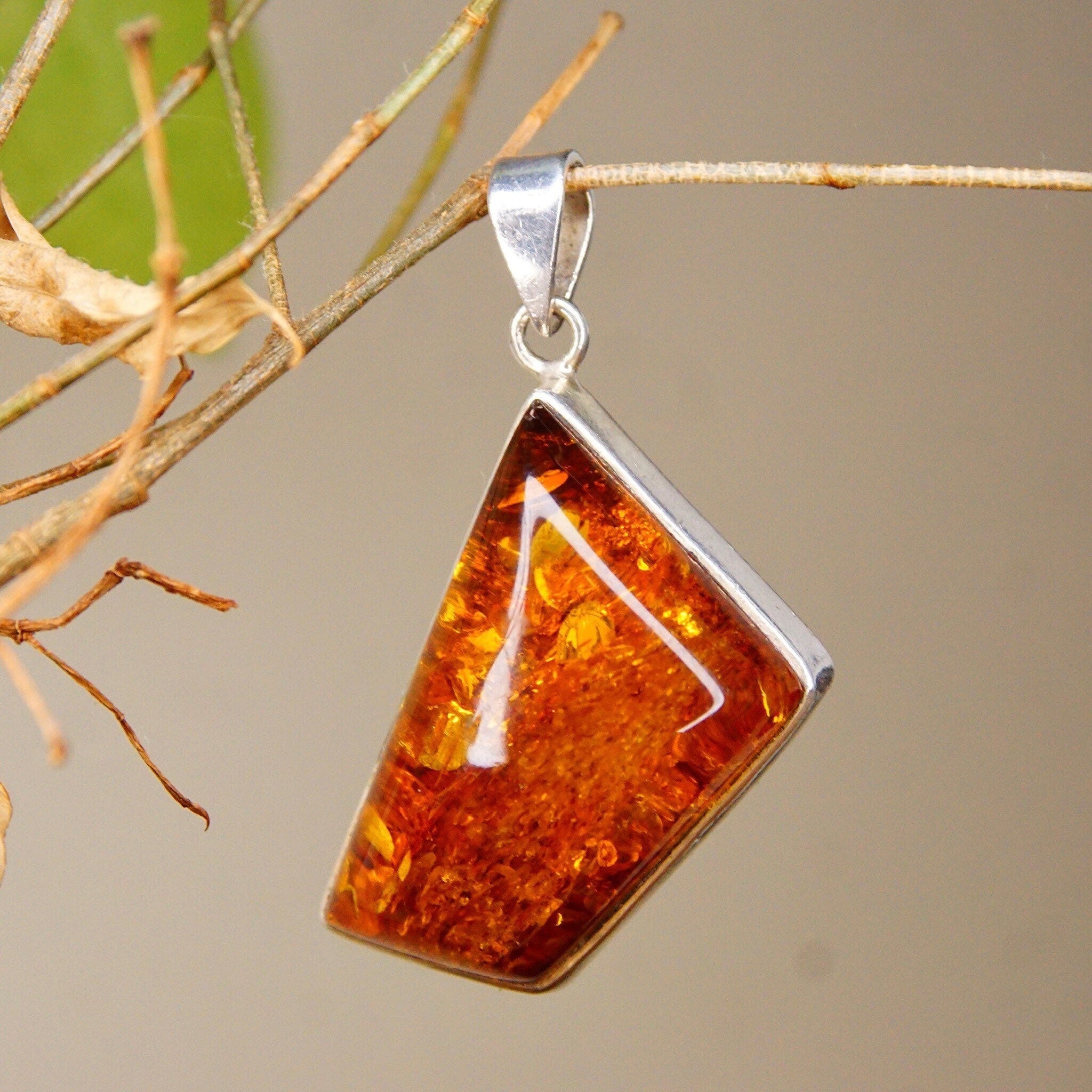 Vintage Modernist Sterling Silver Honey Amber Necklace Pendant, Incredible Inclusions, Fossilized Tree Resin, Abstract 925 Setting, 2 L