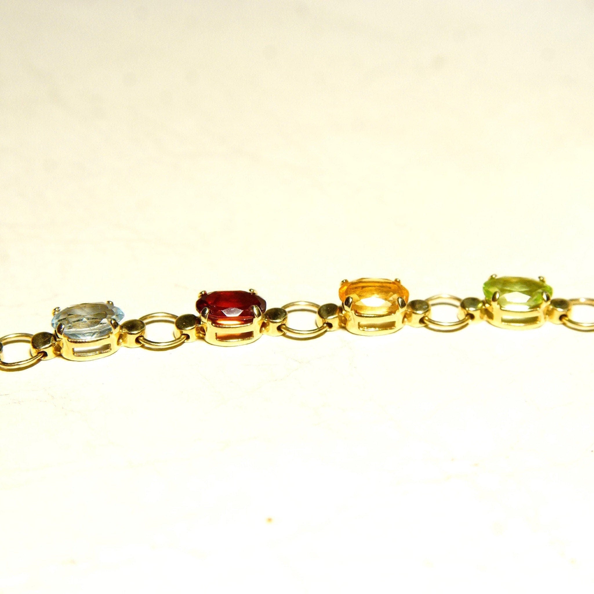 Vintage 14K Gold Multi-Stone Link Bracelet, Amethyst, Peridot, Citrine, Garnet, Blue Topaz, Yellow Gold Links, Made In Turkey, 7 1/2" L