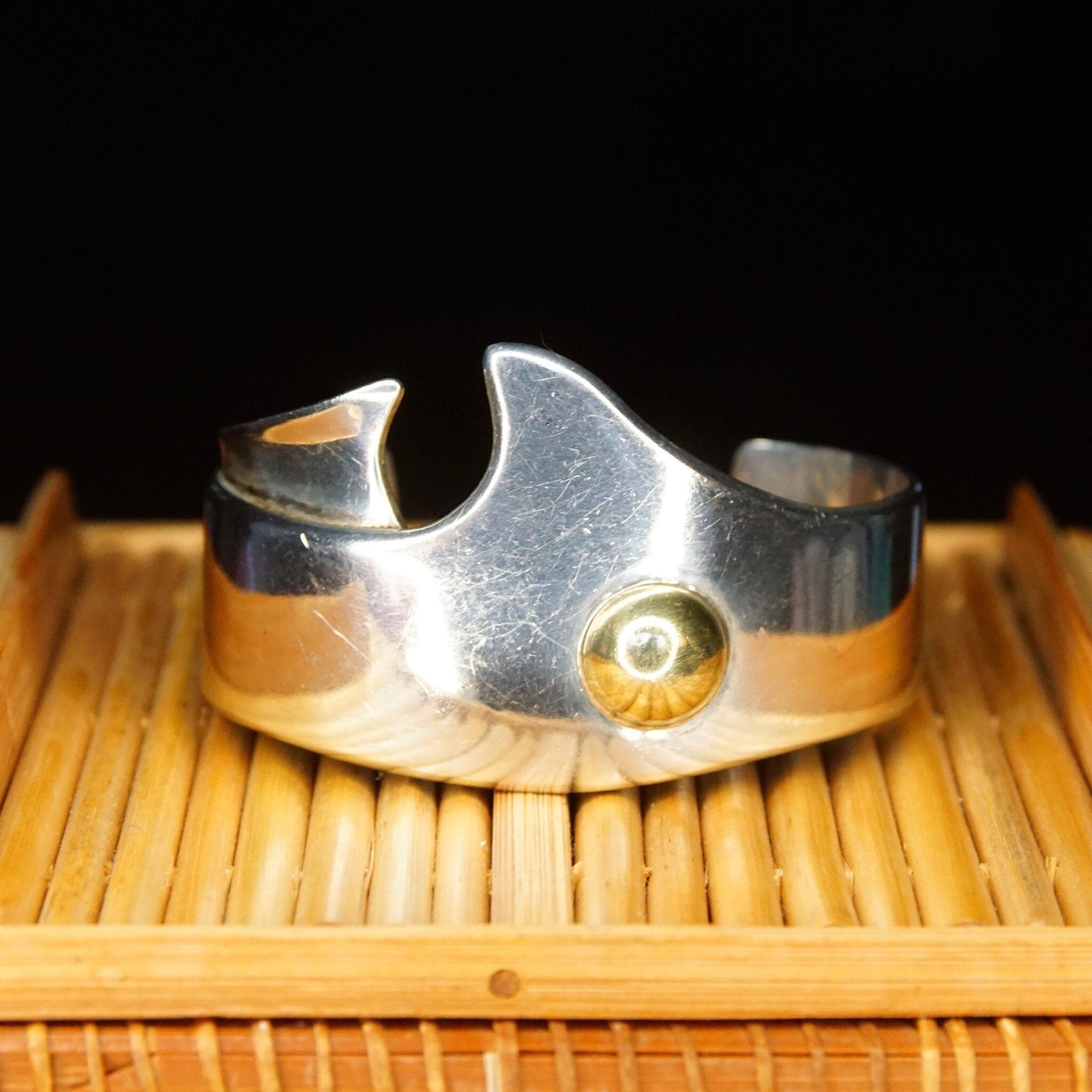 Vintage TAXCO Abstract Modernist Two-Tone Sterling Silver Cuff Bracelet, Heavy Silver Cuff With Gold Dome Embellishment, Mexico, 5 3/8" L
