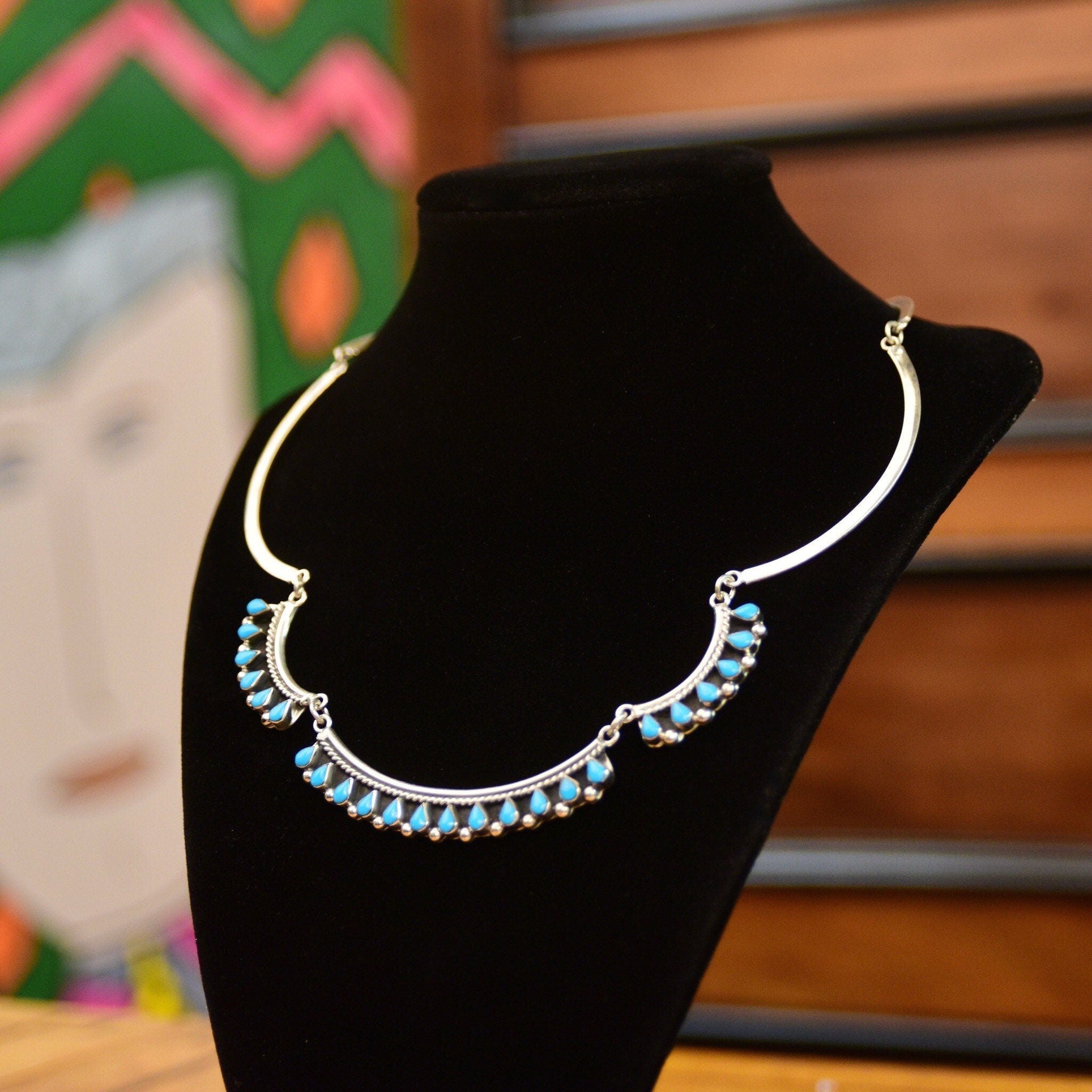 Vintage MEX 925 Sterling Silver Turquoise Teardrop Festoon Necklace, TAXCO Jewelry, Bohemian Silver Link Turquoise Bib Necklace, 16 1/2"