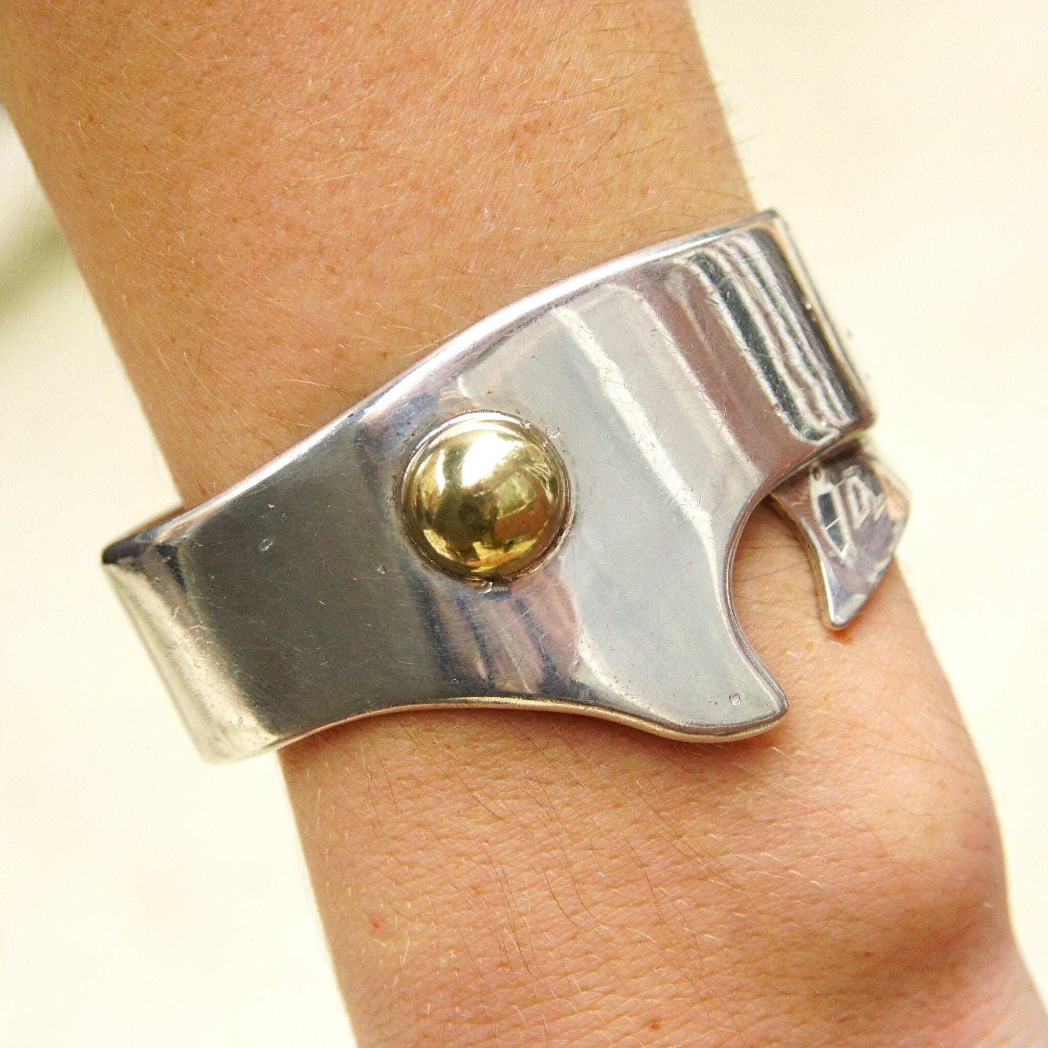 Vintage TAXCO Abstract Modernist Two-Tone Sterling Silver Cuff Bracelet, Heavy Silver Cuff With Gold Dome Embellishment, Mexico, 5 3/8" L