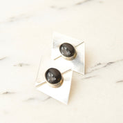 Vintage Modernist Sterling Silver Black Onyx Stud Earrings, Sleek Polished Triangle Slice Earrings, Bezel Set Onyx Cabochons, 925 Earrings