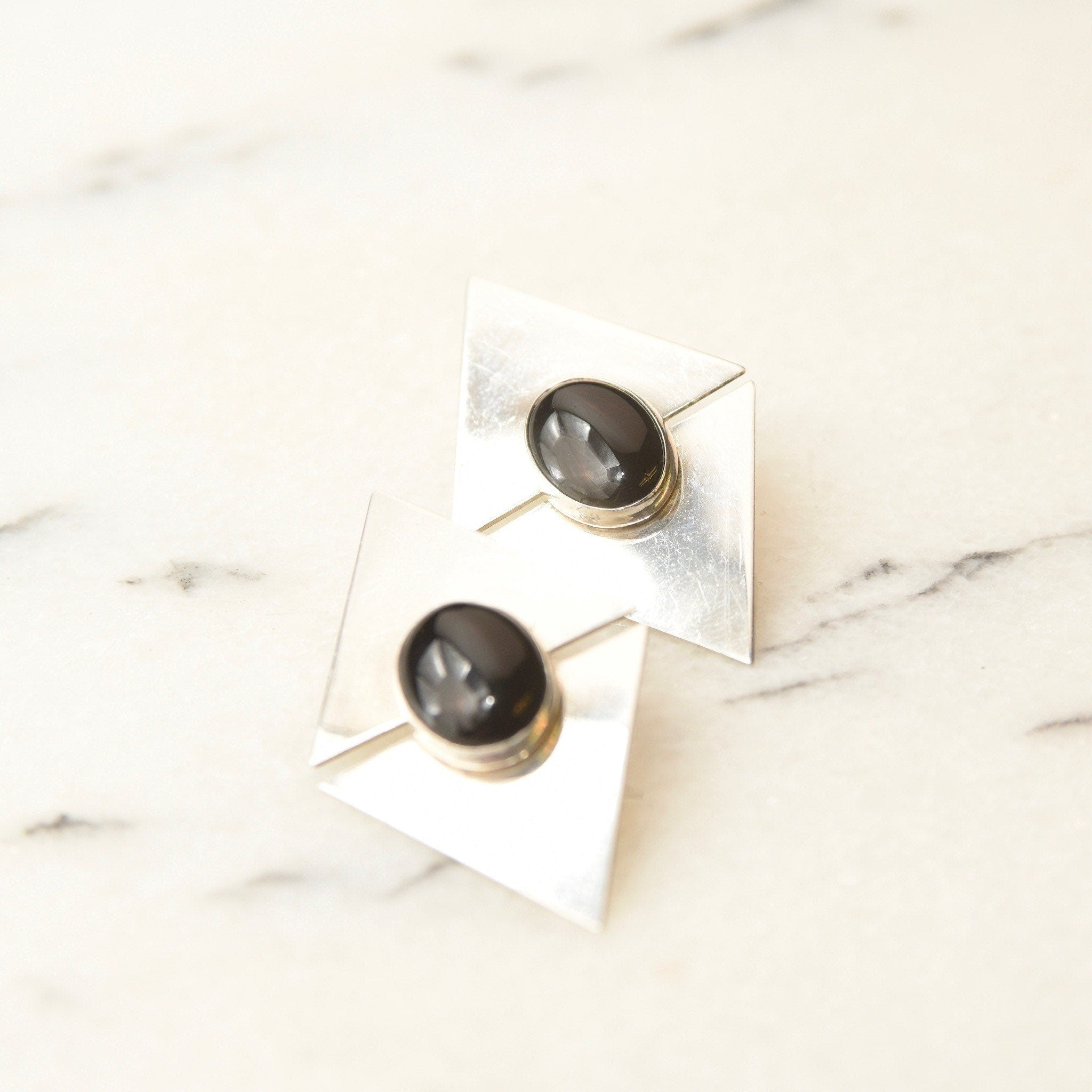 Vintage Modernist Sterling Silver Black Onyx Stud Earrings, Sleek Polished Triangle Slice Earrings, Bezel Set Onyx Cabochons, 925 Earrings