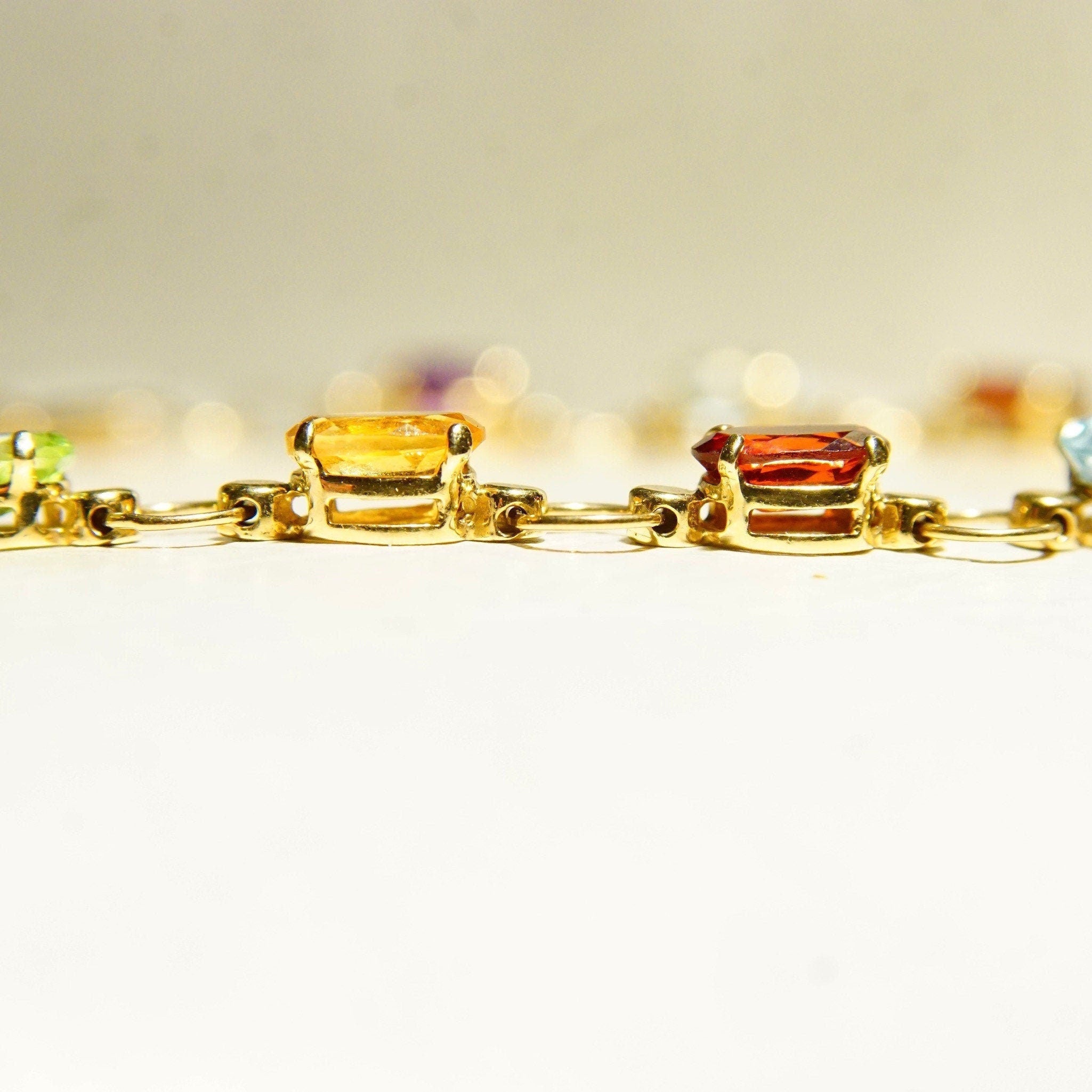 Vintage 14K Gold Multi-Stone Link Bracelet, Amethyst, Peridot, Citrine, Garnet, Blue Topaz, Yellow Gold Links, Made In Turkey, 7 1/2" L