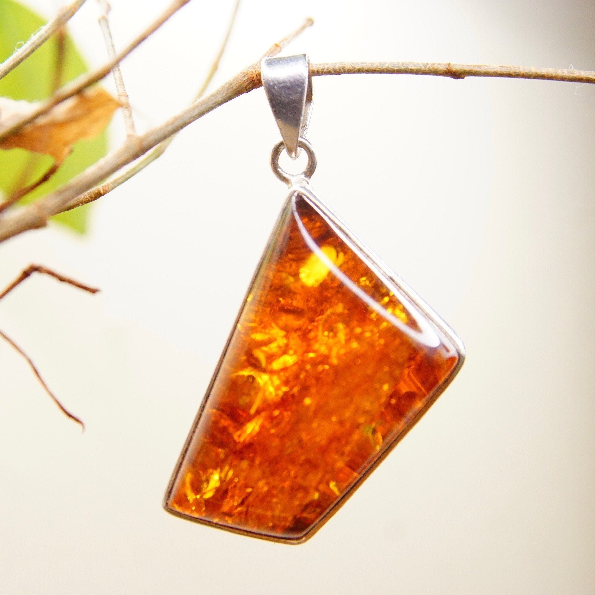 Vintage Modernist Sterling Silver Honey Amber Necklace Pendant, Incredible Inclusions, Fossilized Tree Resin, Abstract 925 Setting, 2 L