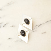 Vintage Modernist Sterling Silver Black Onyx Stud Earrings, Sleek Polished Triangle Slice Earrings, Bezel Set Onyx Cabochons, 925 Earrings