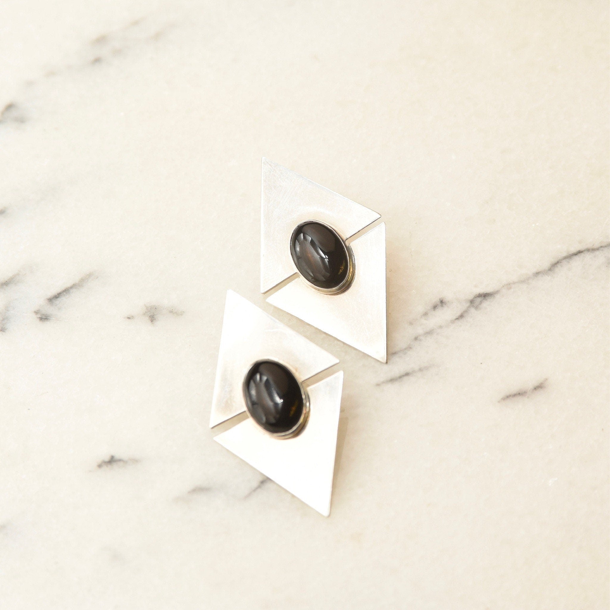 Vintage Modernist Sterling Silver Black Onyx Stud Earrings, Sleek Polished Triangle Slice Earrings, Bezel Set Onyx Cabochons, 925 Earrings