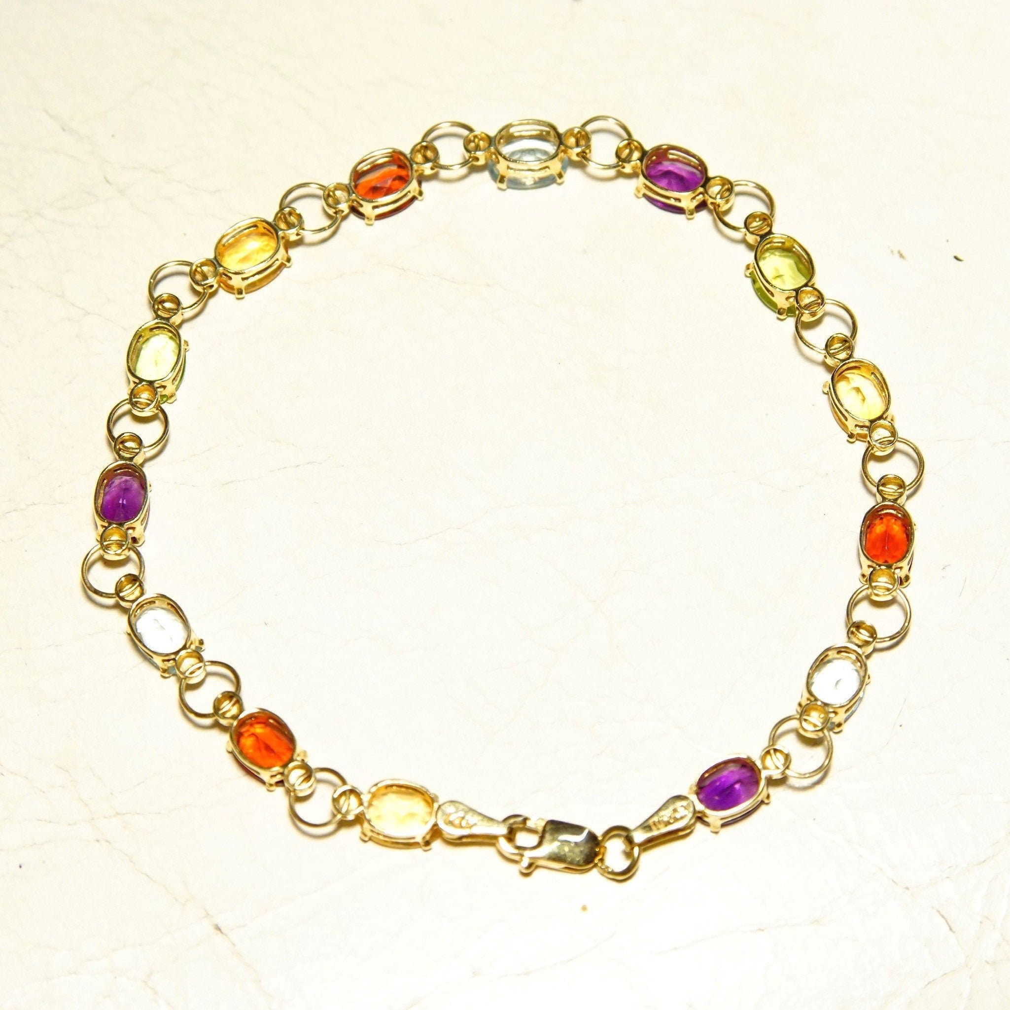 Vintage 14K Gold Multi-Stone Link Bracelet, Amethyst, Peridot, Citrine, Garnet, Blue Topaz, Yellow Gold Links, Made In Turkey, 7 1/2" L