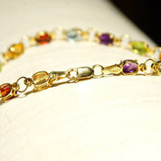 Vintage 14K Gold Multi-Stone Link Bracelet, Amethyst, Peridot, Citrine, Garnet, Blue Topaz, Yellow Gold Links, Made In Turkey, 7 1/2" L