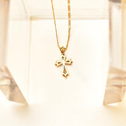 14K Diamond Pave Gothic Cross Pendant Necklace, Two-Tone Diamond Cut Figaro Chain, Vintage Religious Jewelry, 16" L
