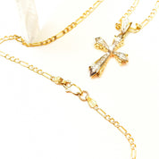 14K Diamond Pave Gothic Cross Pendant Necklace, Two-Tone Diamond Cut Figaro Chain, Vintage Religious Jewelry, 16" L