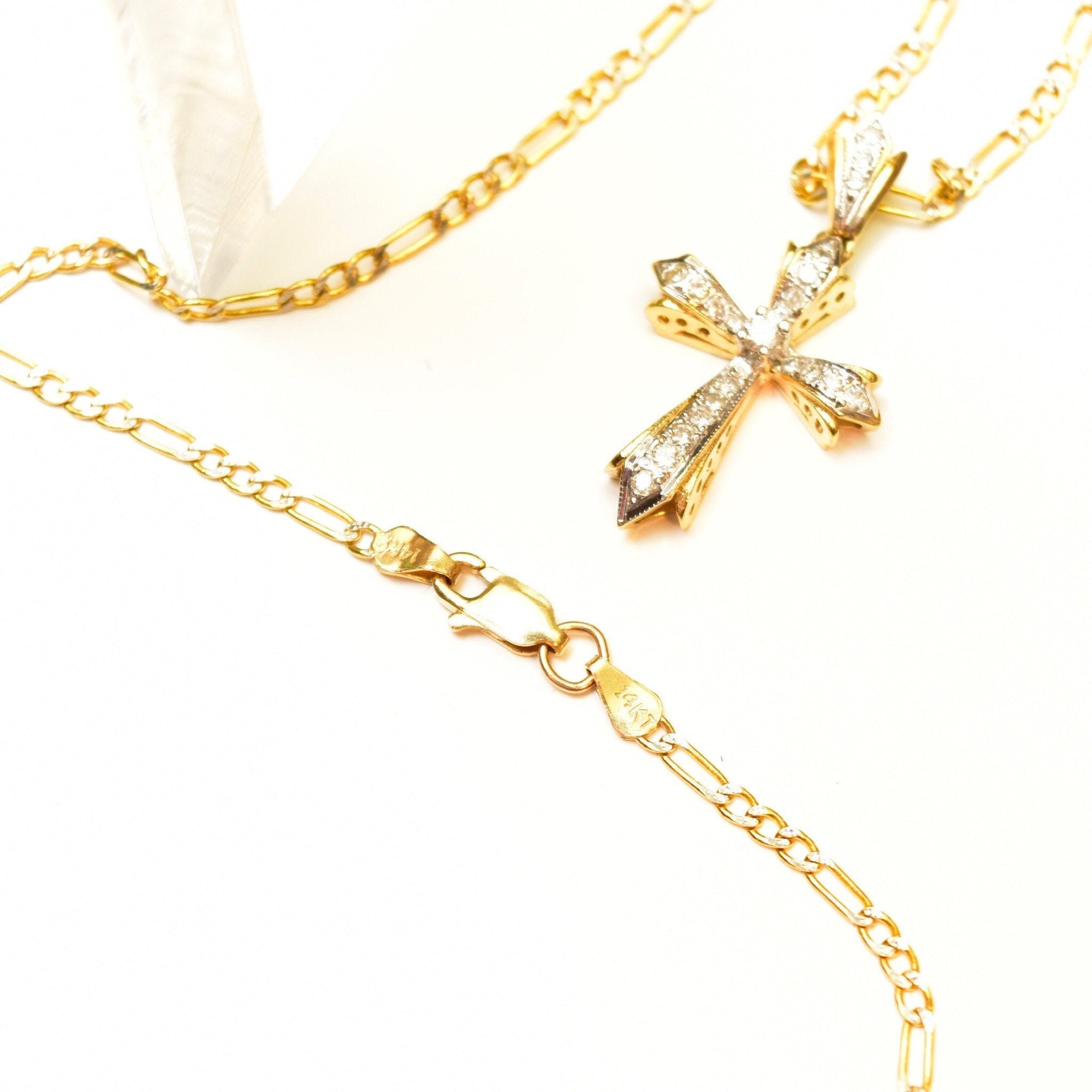 14K Diamond Pave Gothic Cross Pendant Necklace, Two-Tone Diamond Cut Figaro Chain, Vintage Religious Jewelry, 16" L