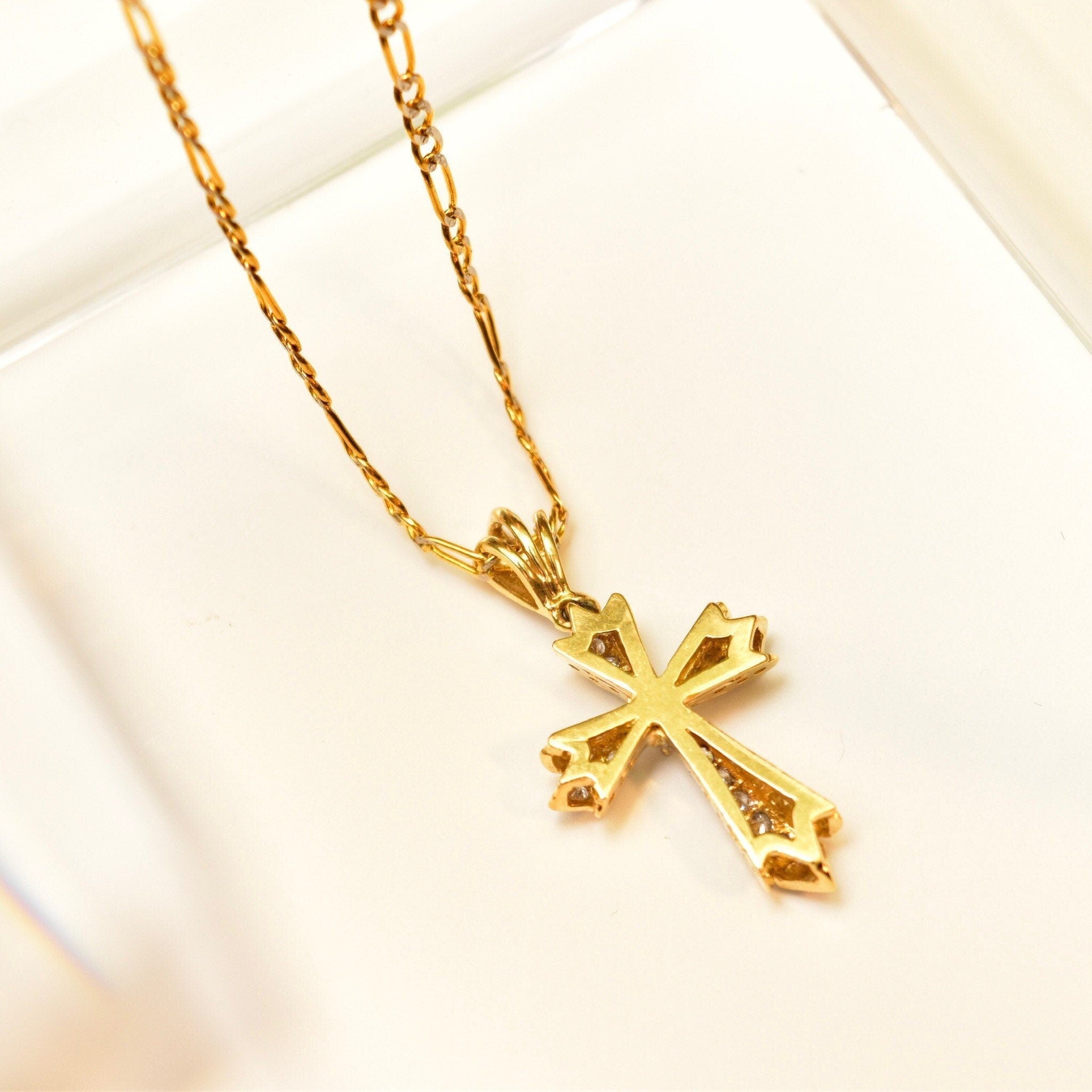 14K Diamond Pave Gothic Cross Pendant Necklace, Two-Tone Diamond Cut Figaro Chain, Vintage Religious Jewelry, 16" L