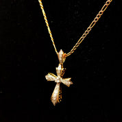 14K Diamond Pave Gothic Cross Pendant Necklace, Two-Tone Diamond Cut Figaro Chain, Vintage Religious Jewelry, 16" L